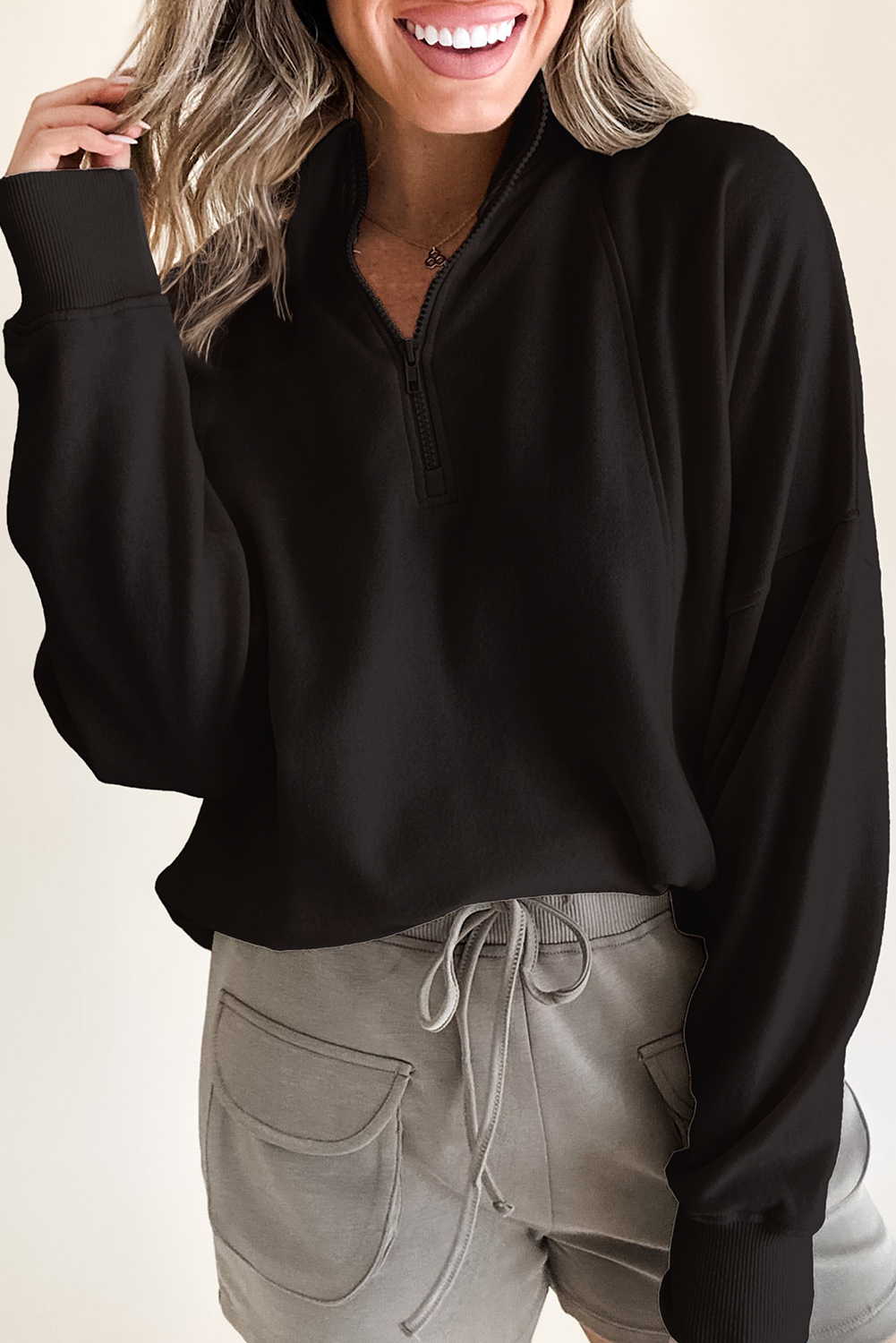 Black ZIPPER Collared Drop Shoulder Plain Sweatshirt