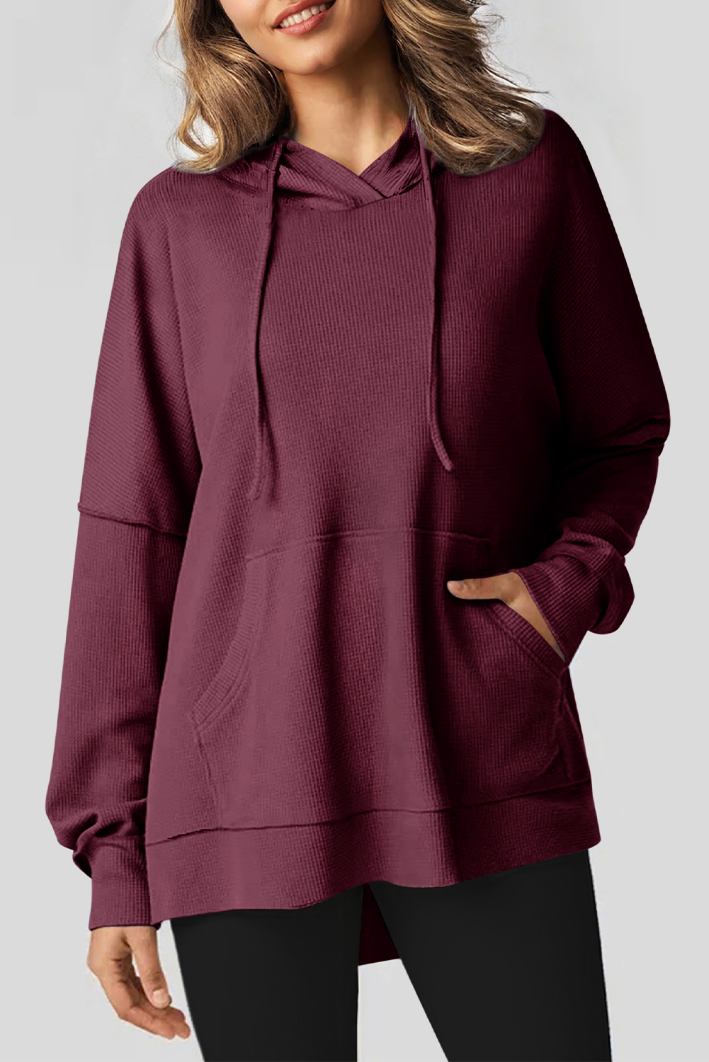 Shewin Wholesale Vendors RED Dahlia Waffle Knit High Low Oversized Hoodie