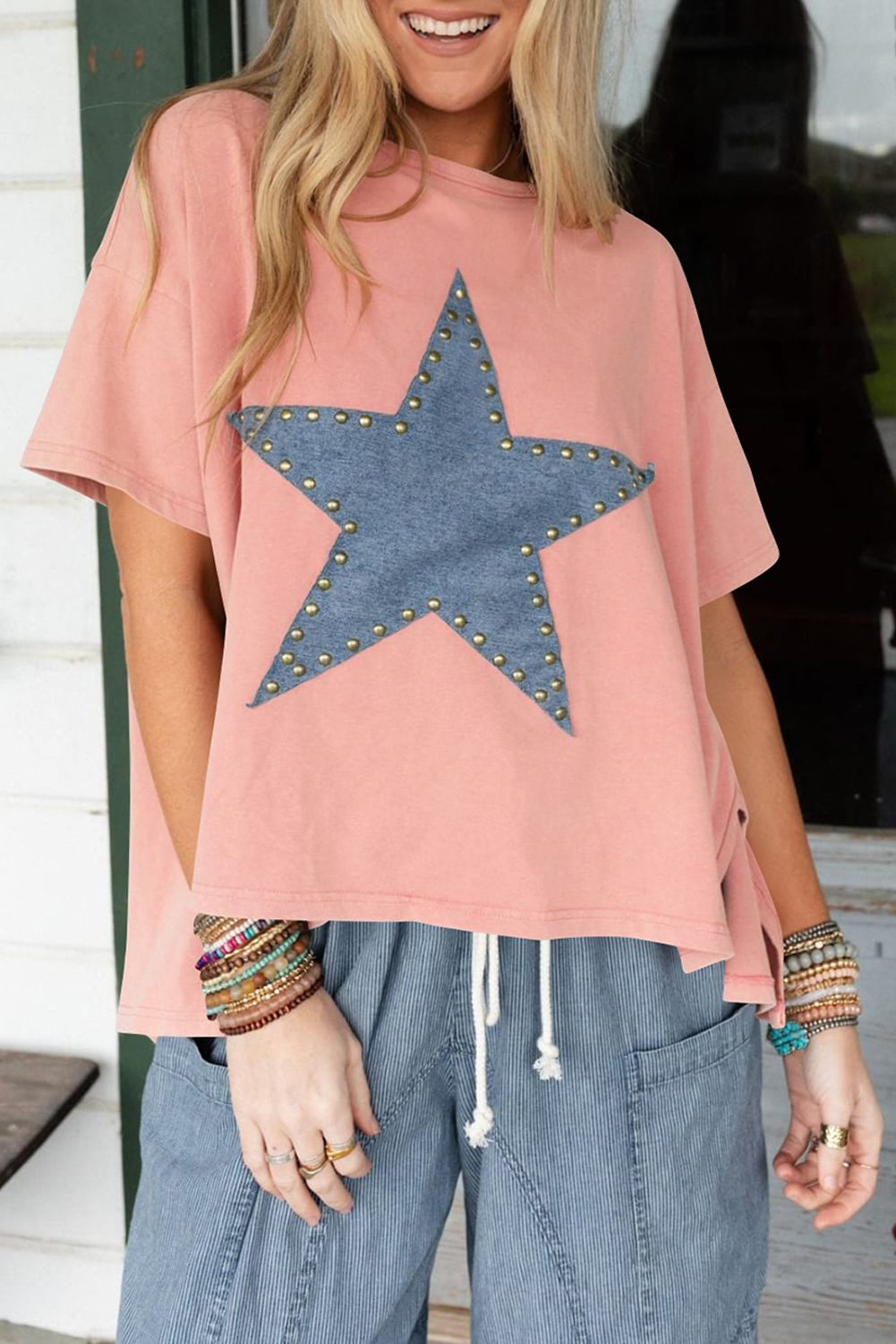 ShEwin WholEsAlE ElEgAnt Apricot Pink StuddEd STAR PAtch SidE Slits High Low TEE