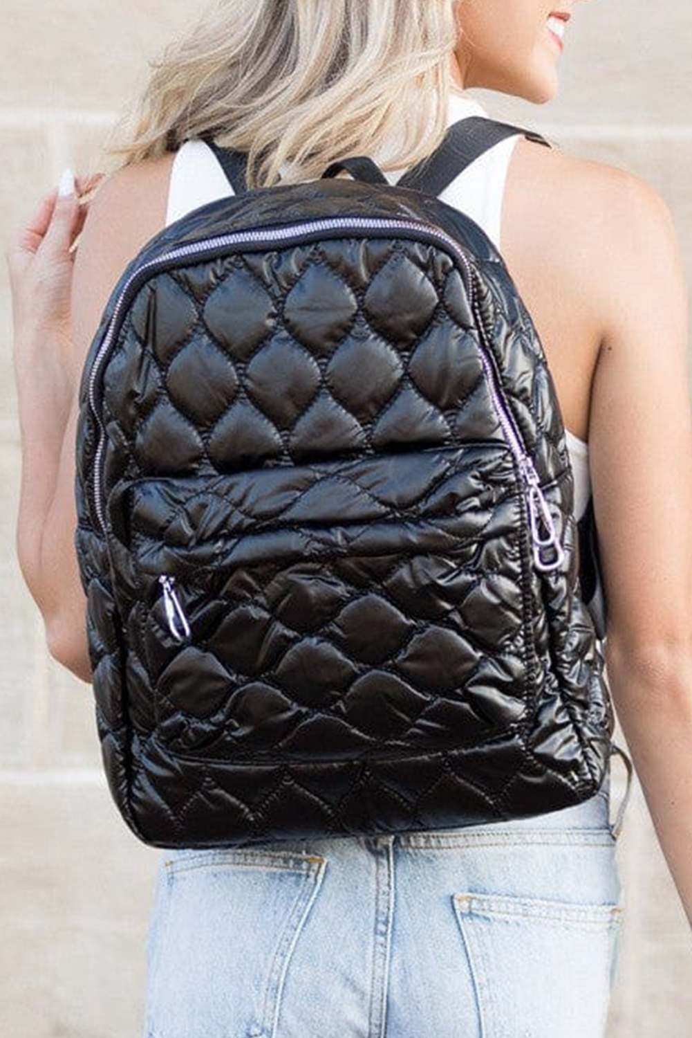 Shewin Wholesale Southern Black Solid Color Quilted Zipped BACKPACK