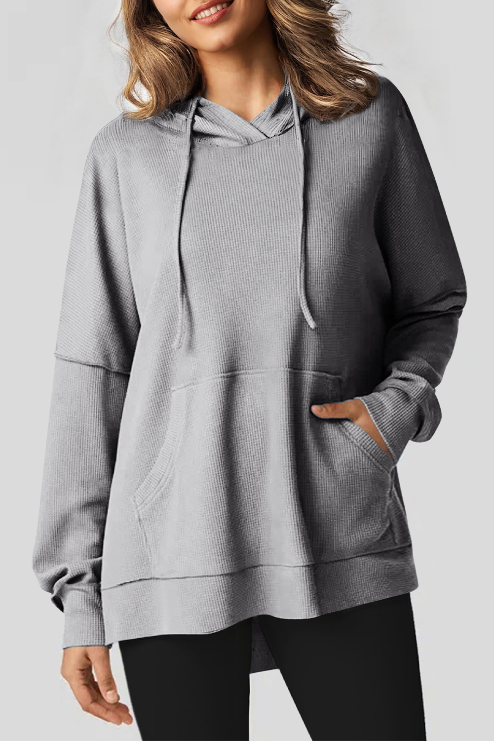 Gray Waffle Knit High Low Oversized Hoodie