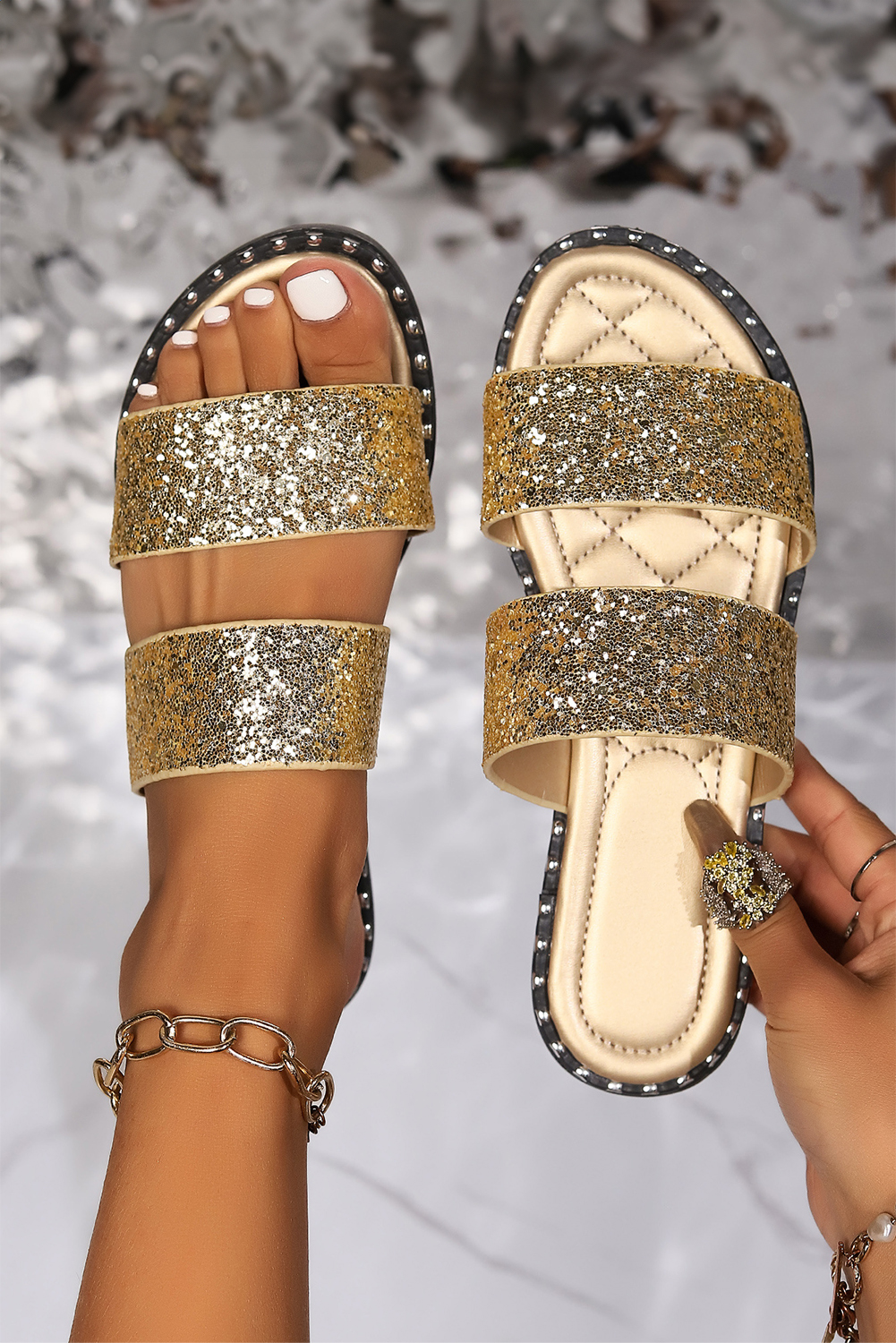 Shewin Wholesale Southern Gold Glittering Hollow Out Dual Straps Flat Slides SHOES