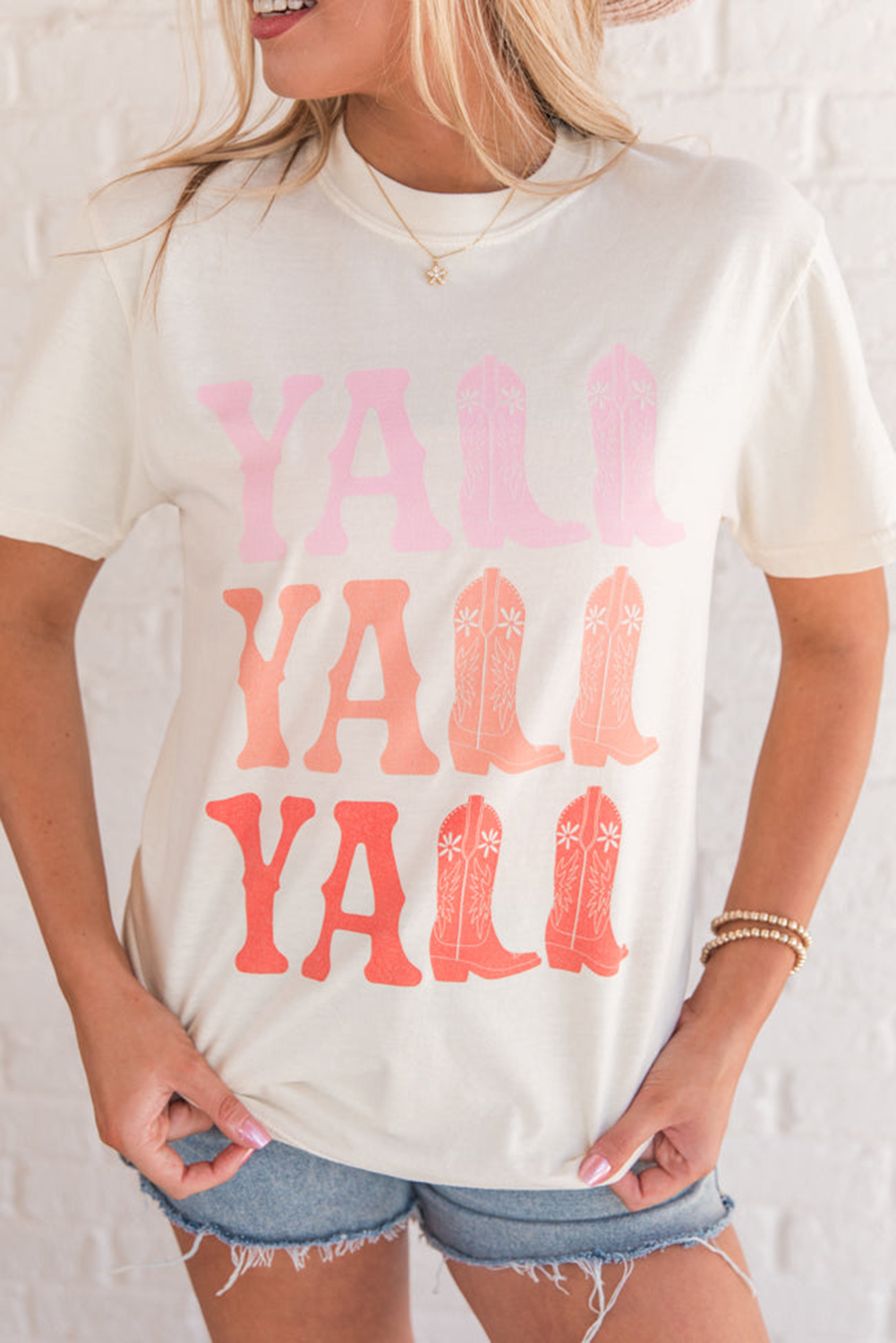 White YALL BOOTS Graphic Crewneck T Shirt