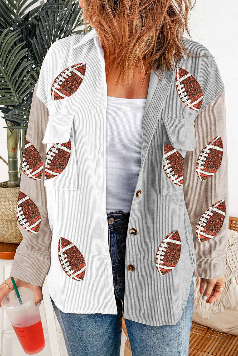 Shewin Wholesale 2024 Hot White SEQUIN Rugby Graphic Flap Pockets Corduroy Shacket