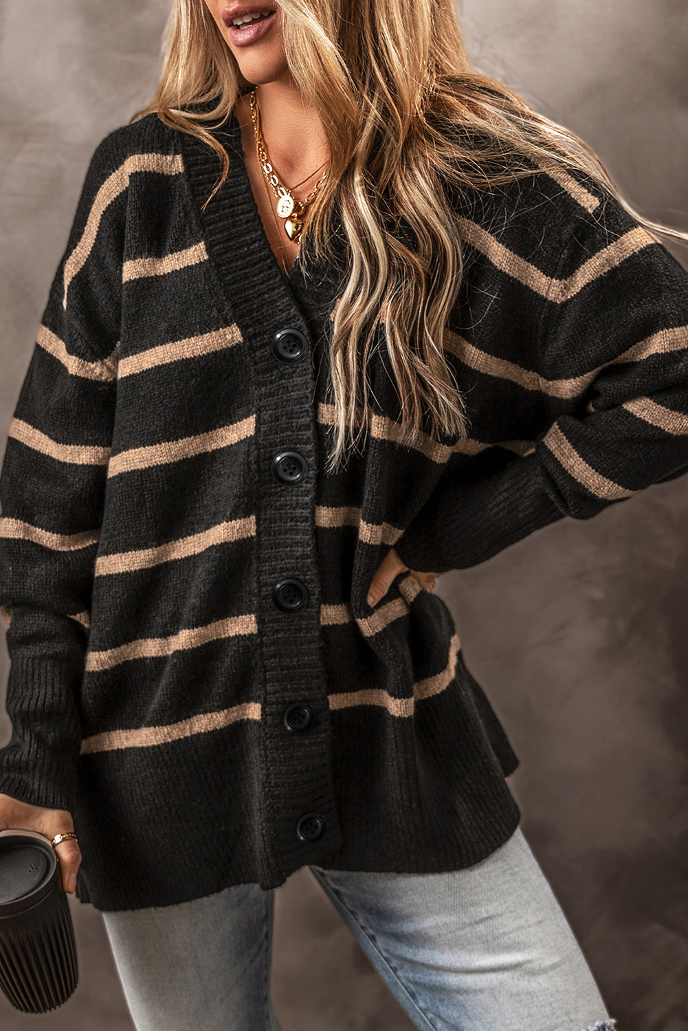 Shewin Wholesale Clothing Black Stripe Buttoned V Neck Drop Shoulder Loose CARDIGAN