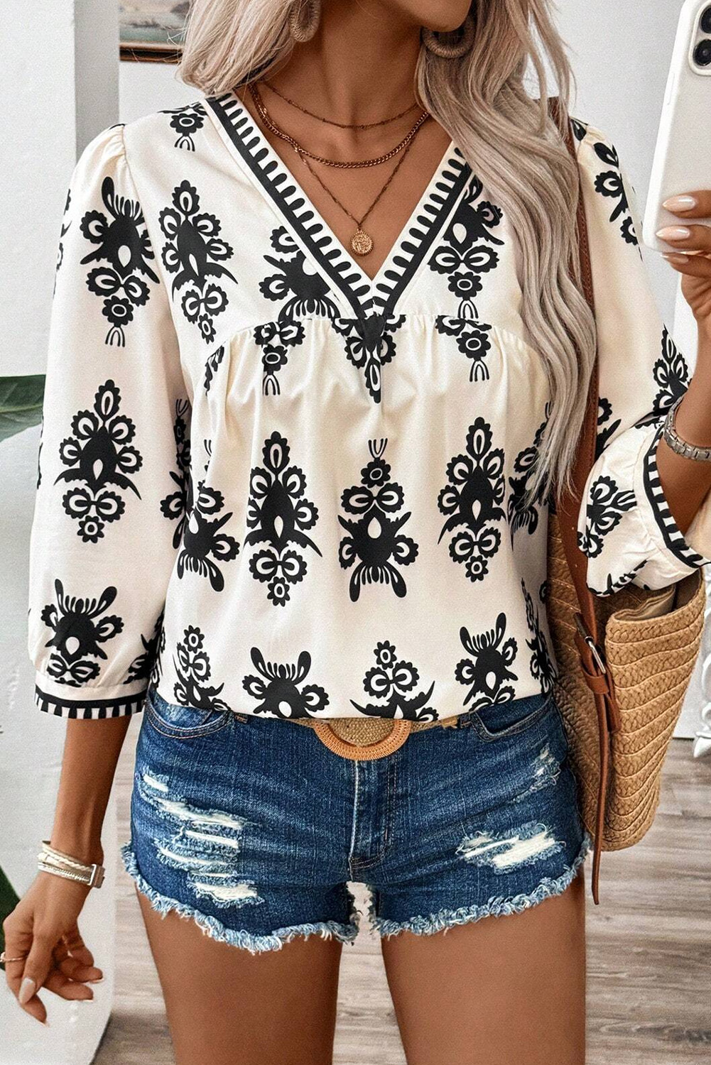 Shewin Dropshippers Beige Ethnic Abstract Print Puff Sleeve V Neck Blouse