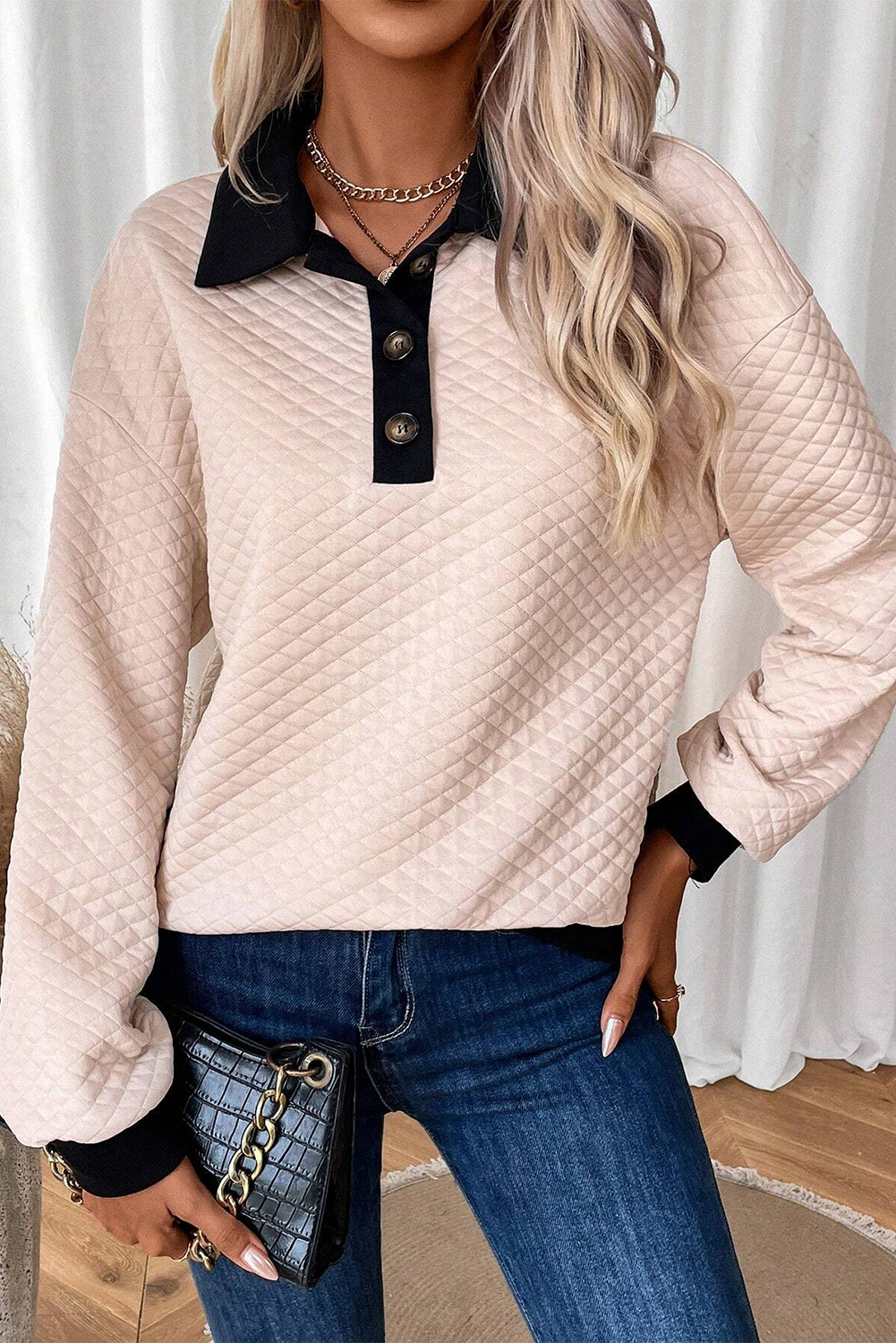 Oatmeal Checked Texture Patchwork Edge Button Collared Sweatshirt