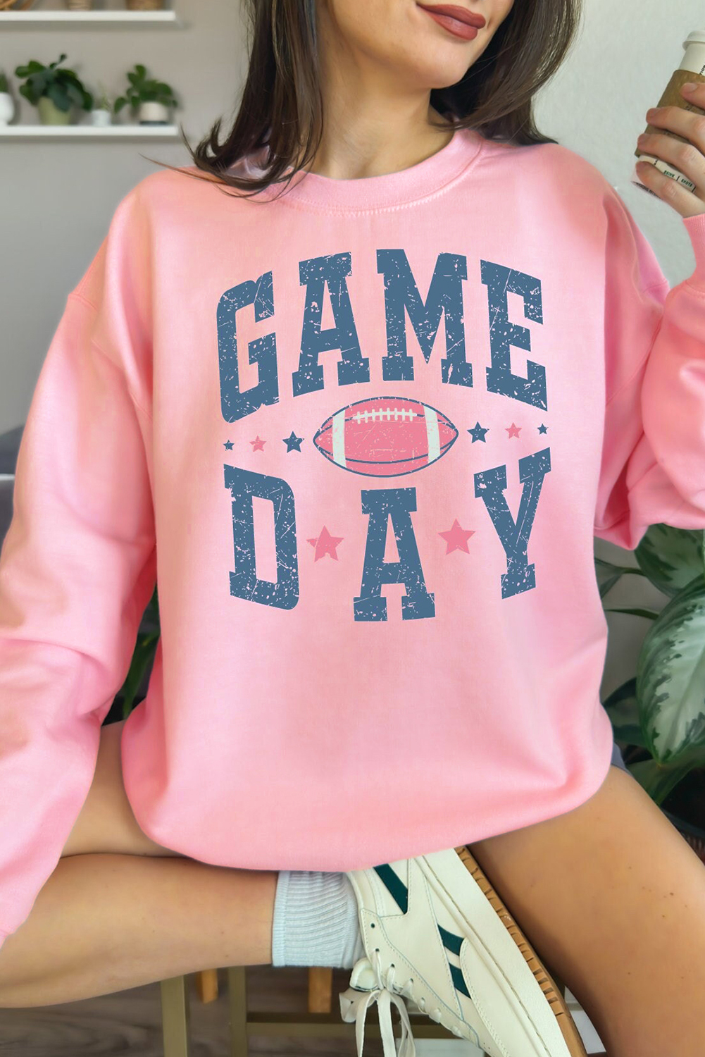 Shewin Wholesale Fall Pink Rugby GAME DAY Graphic Drop Shoulder Sweatshirt