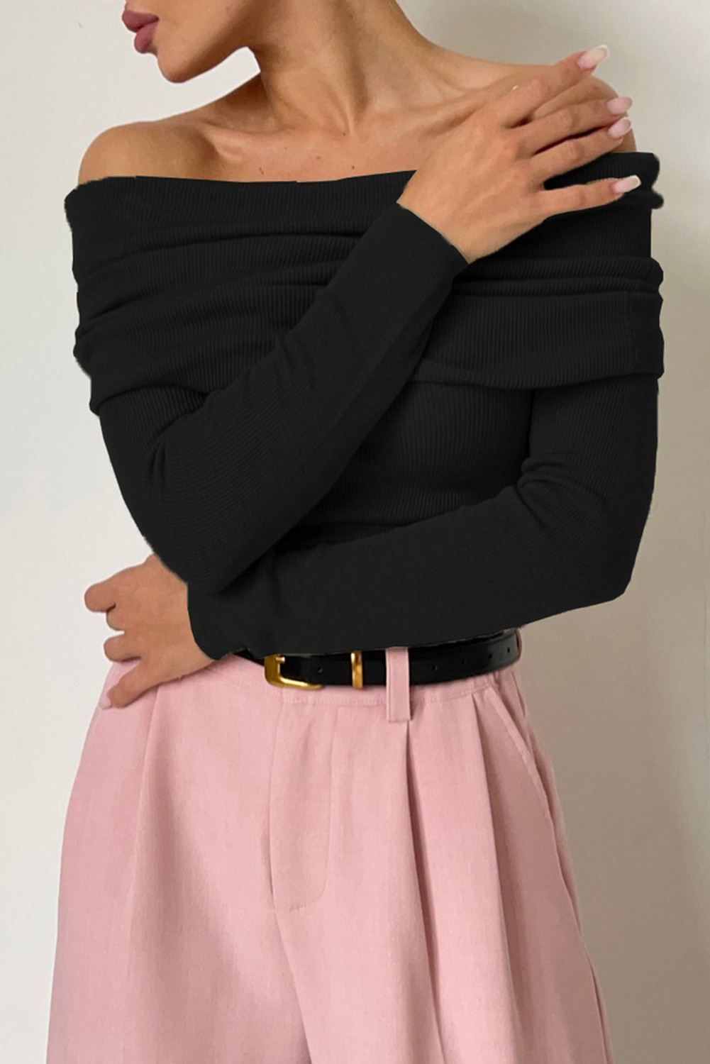 Black Solid Color Strapless Long Sleeve Knit Top