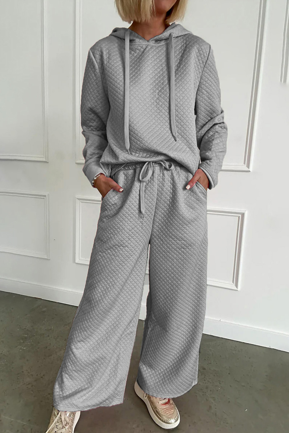 Shewin Wholesale Dropshipping Gray Plain Long Sleeve Hooded Pullover & Wide Leg Pants Set