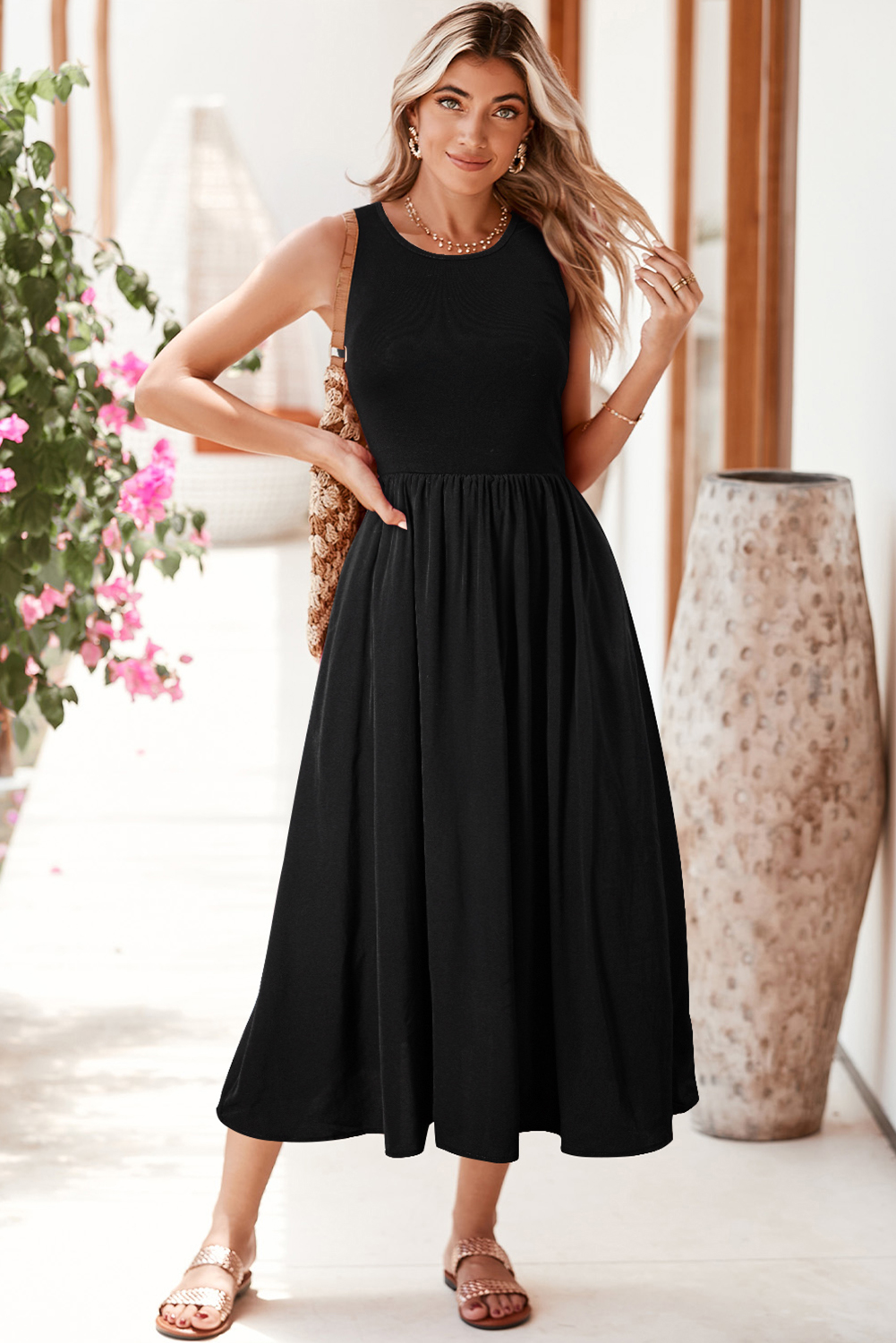 Shewin Wholesale Vendors Black Solid Color Knitted Patchwork Sleeveless Midi DRESS