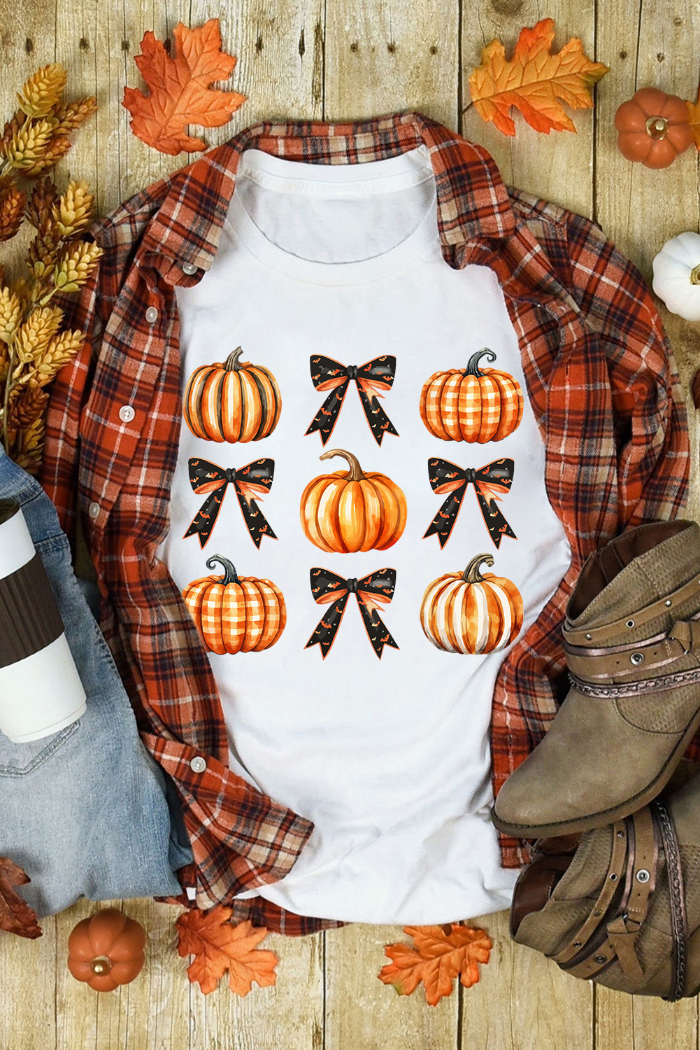 Shewin Wholesale Fall White HALLOWEEN Pumpkin Bow Knot Graphic Crew Neck Tee