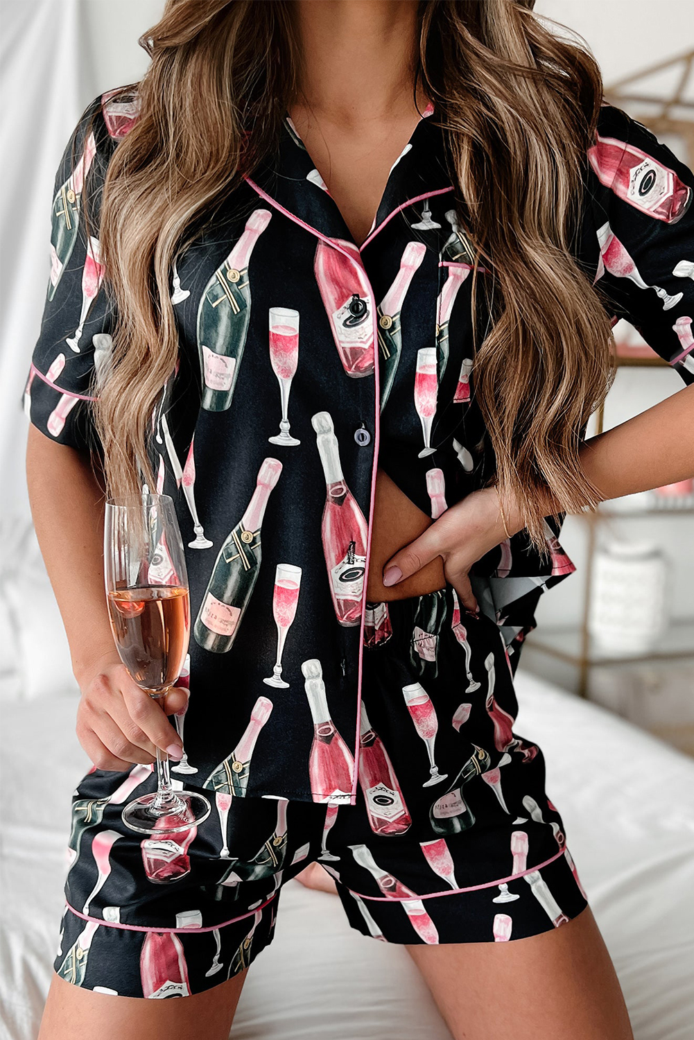 Black Champagne Print Silky Short Sleeve PAJAMAS Set