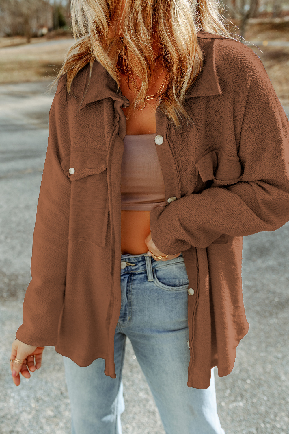 Shewin Wholesale Suppliers BROWN Solid Color Textured Button Up Shacket with Pockets