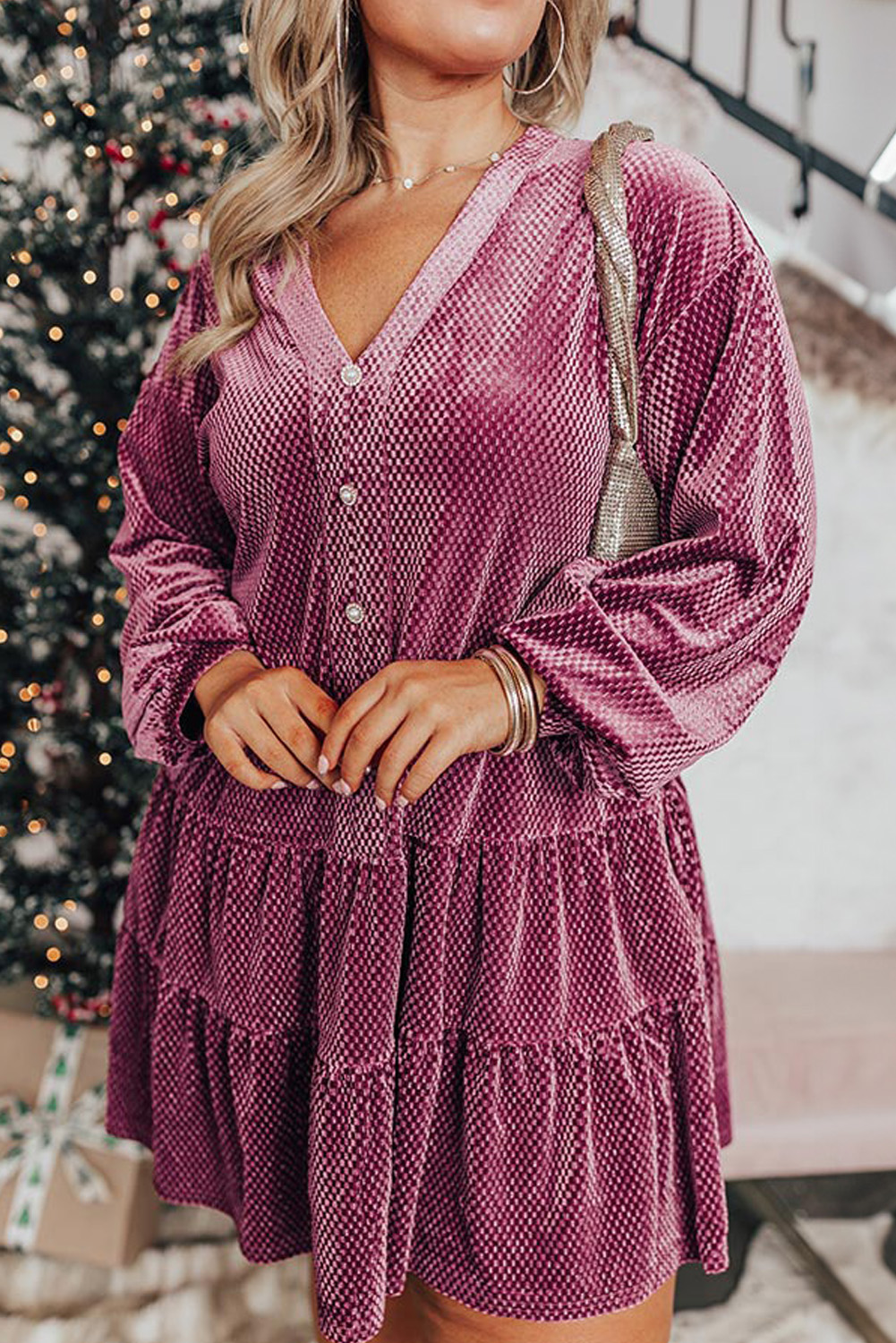 Meadow Mauve Textured VELVET Buttons Tiered Plus Size Dress