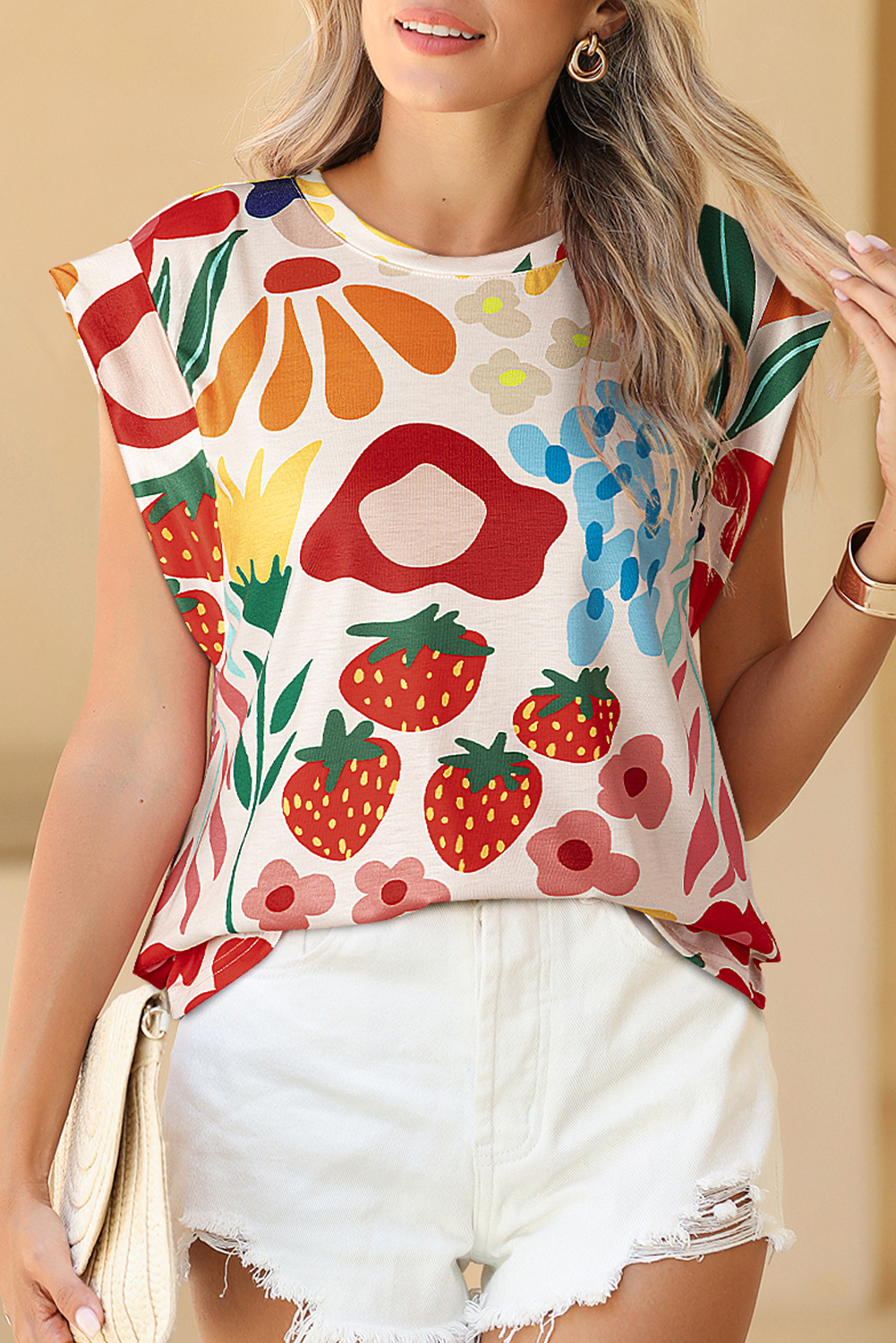 Khaki Fruit & Plant Print Round Neck CAP Sleeve T Shirt