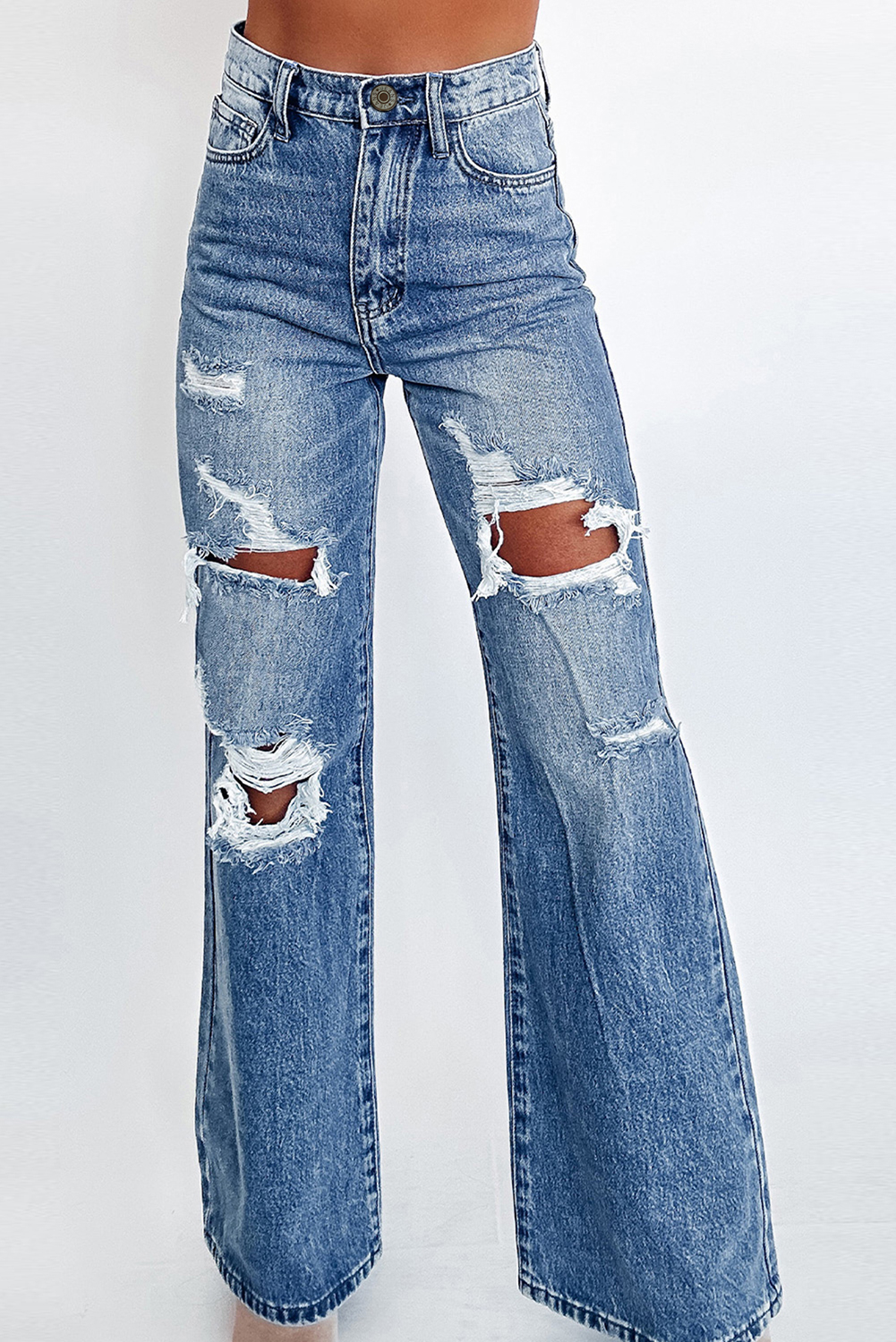 Shewin Wholesale Distributor Ashleigh Blue Acid Wash Distressed Wide Leg High Waist JEANS