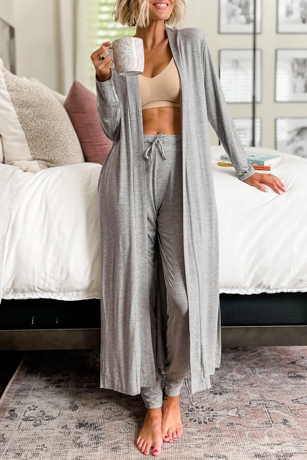 Shewin Wholesale Winter Light Grey Split Long Cardigan and Skinny Pants Loungewear Set