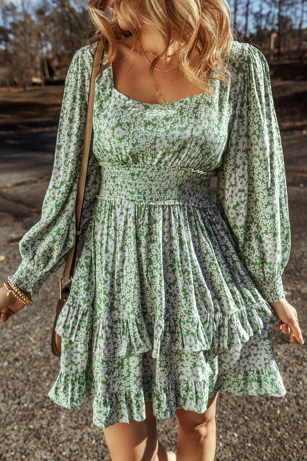 Shewin Wholesale Cheap Green Floral Print Square Neck Smocked Waist Tiered Ruffle Mini DRESS