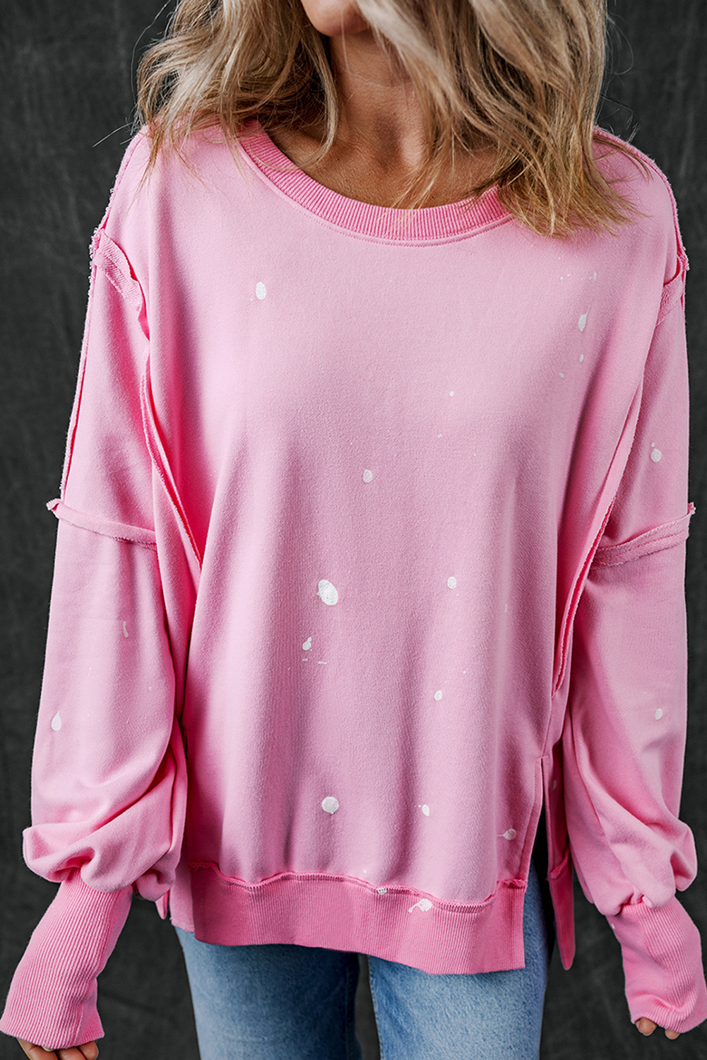 Shewin Wholesale Fall Bonbon Exposed Seam Patchwork Splatter PAINT Baggy Sweatshirt