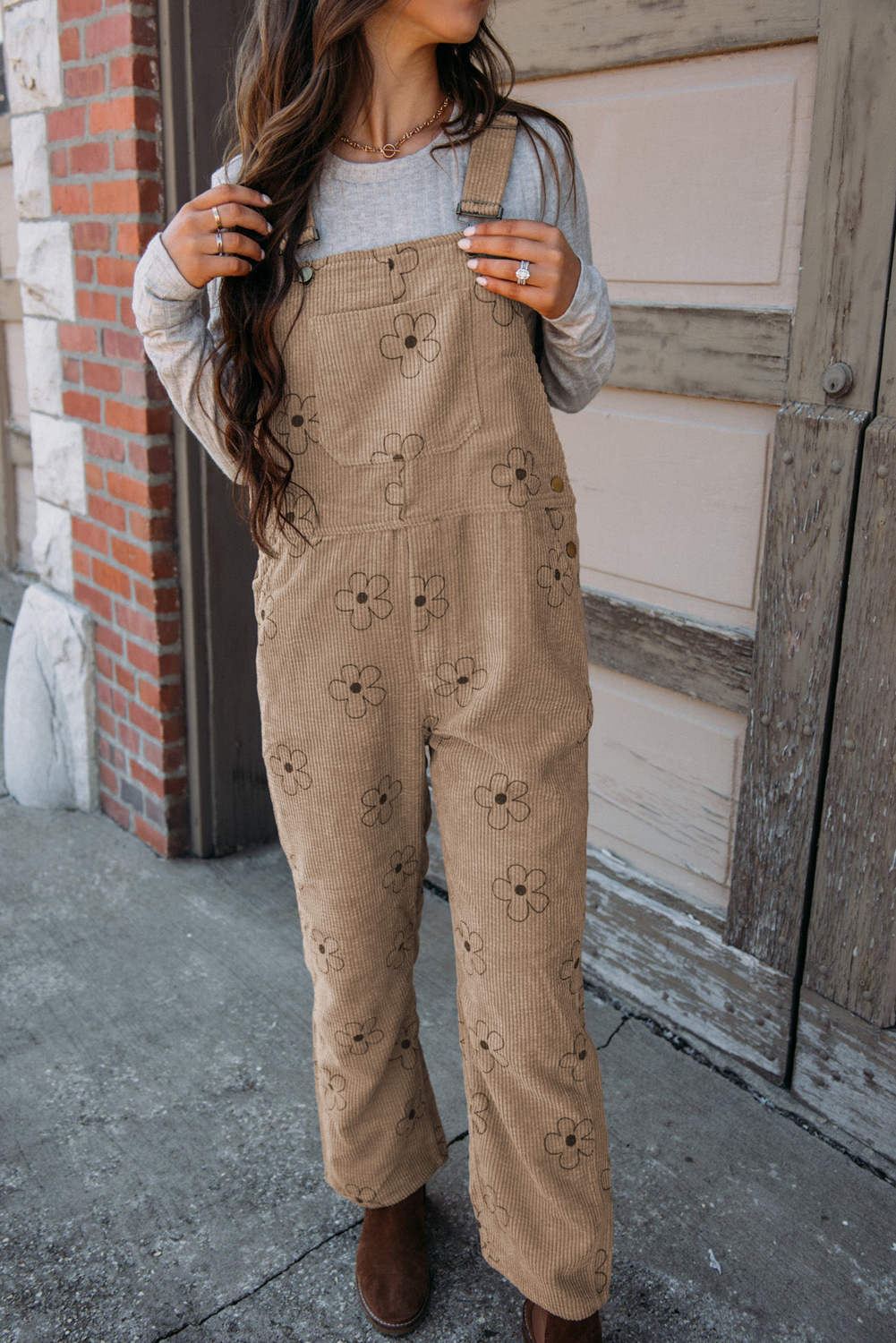 Shewin Wholesale Winter Khaki 60s FLOWER Print Corduroy Overalls