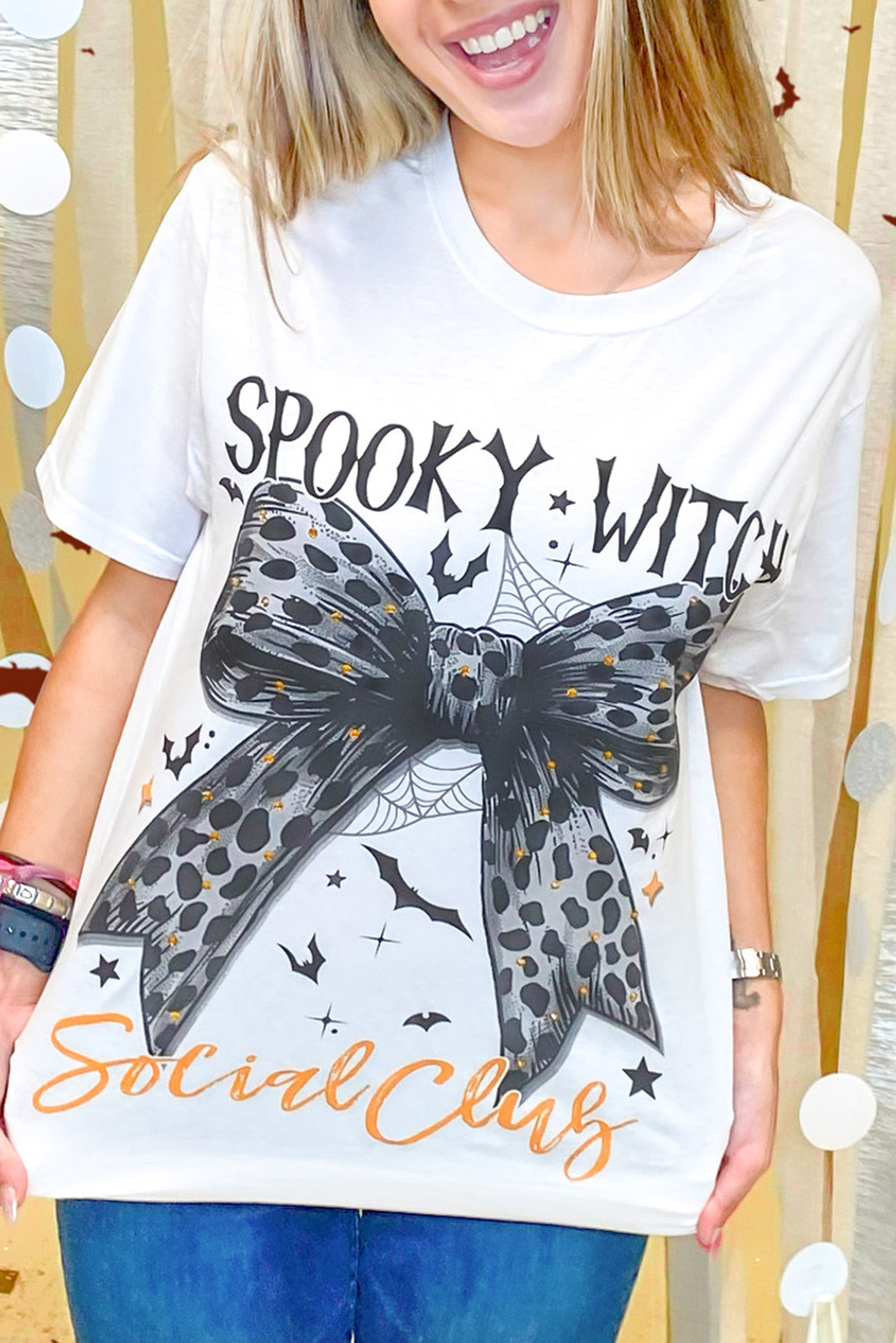 Shewin Wholesale High Quality White HALLOWEEN SPOOKY WITCH Leopard Bowknot Bat GraphicT Shirt