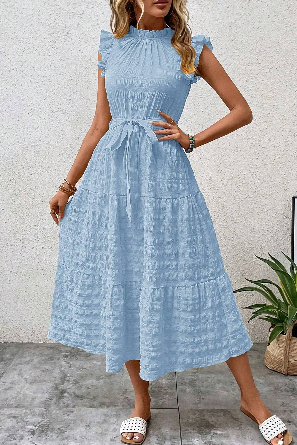 Shewin Wholesale Winter Beau Blue Textured Mock Neck Ruffled Sleeveless Midi DRESS