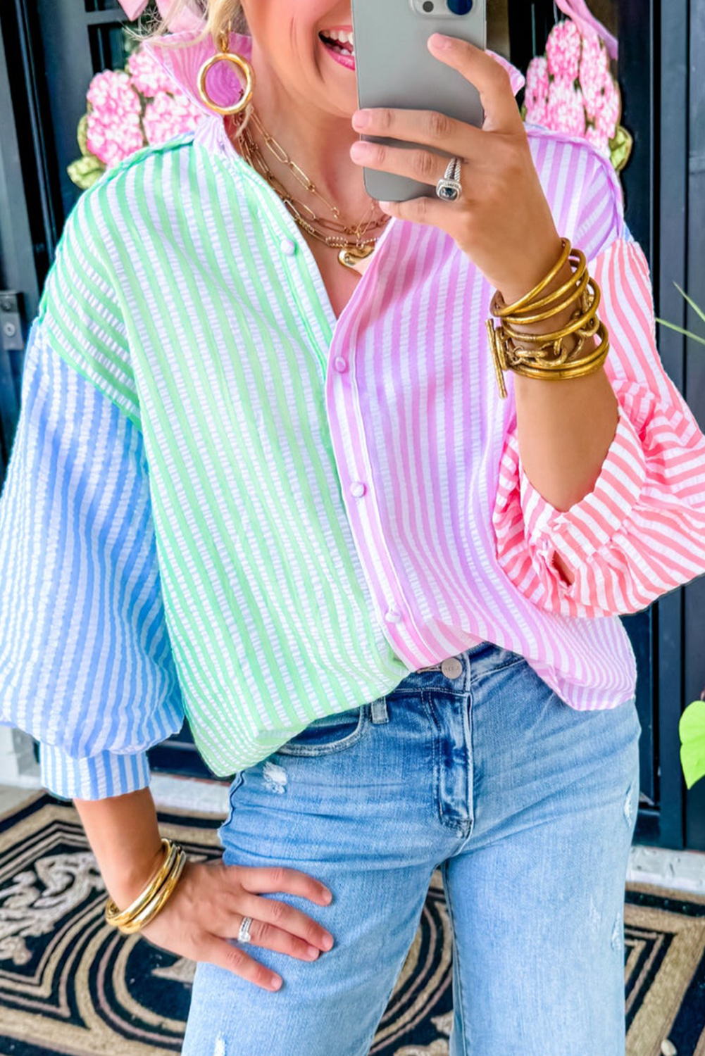 Shewin Wholesale Customized Pink Stripe Color Block BALLOON Sleeve Button Loose Fit Shirt