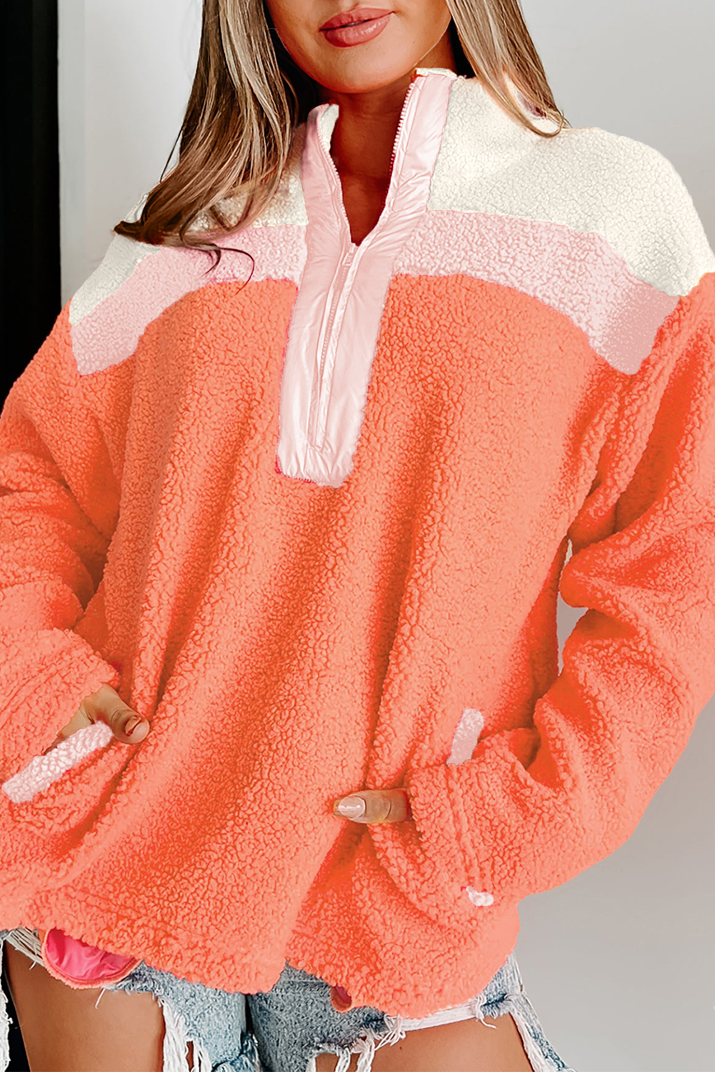 Shewin Wholesale Custom Logo Orange Colorblock Zipper Stand Neck Sherpa SWEATSHIRT