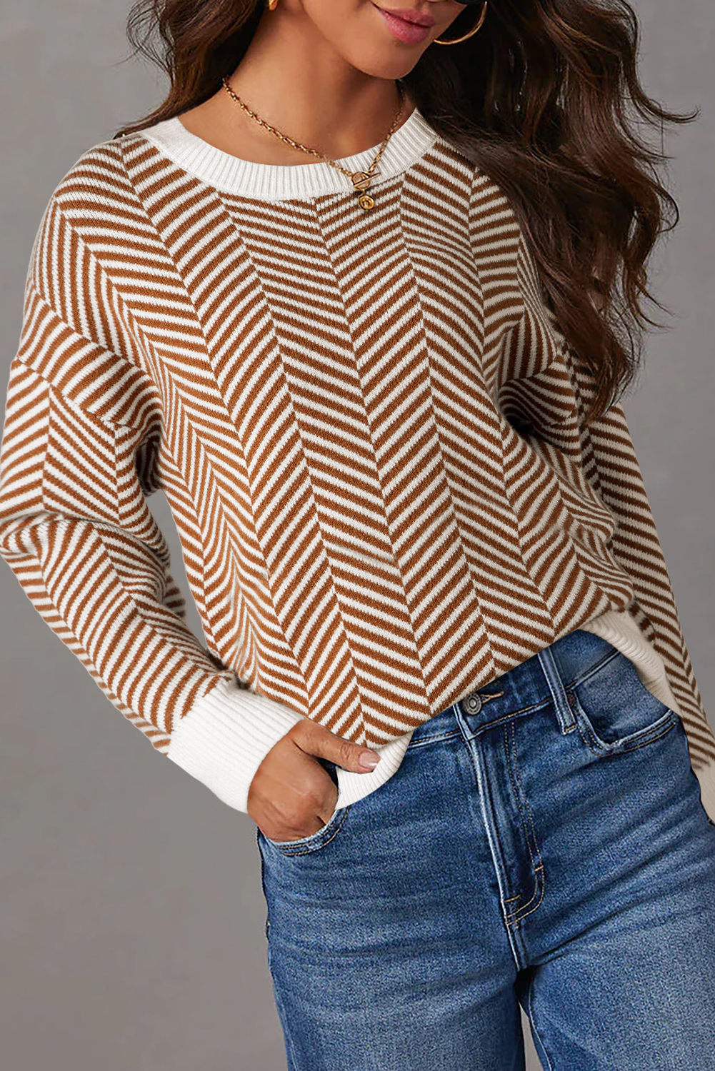 COFFEE Stripe Contrast Edge Crew Neck Drop Shoulder Sweater