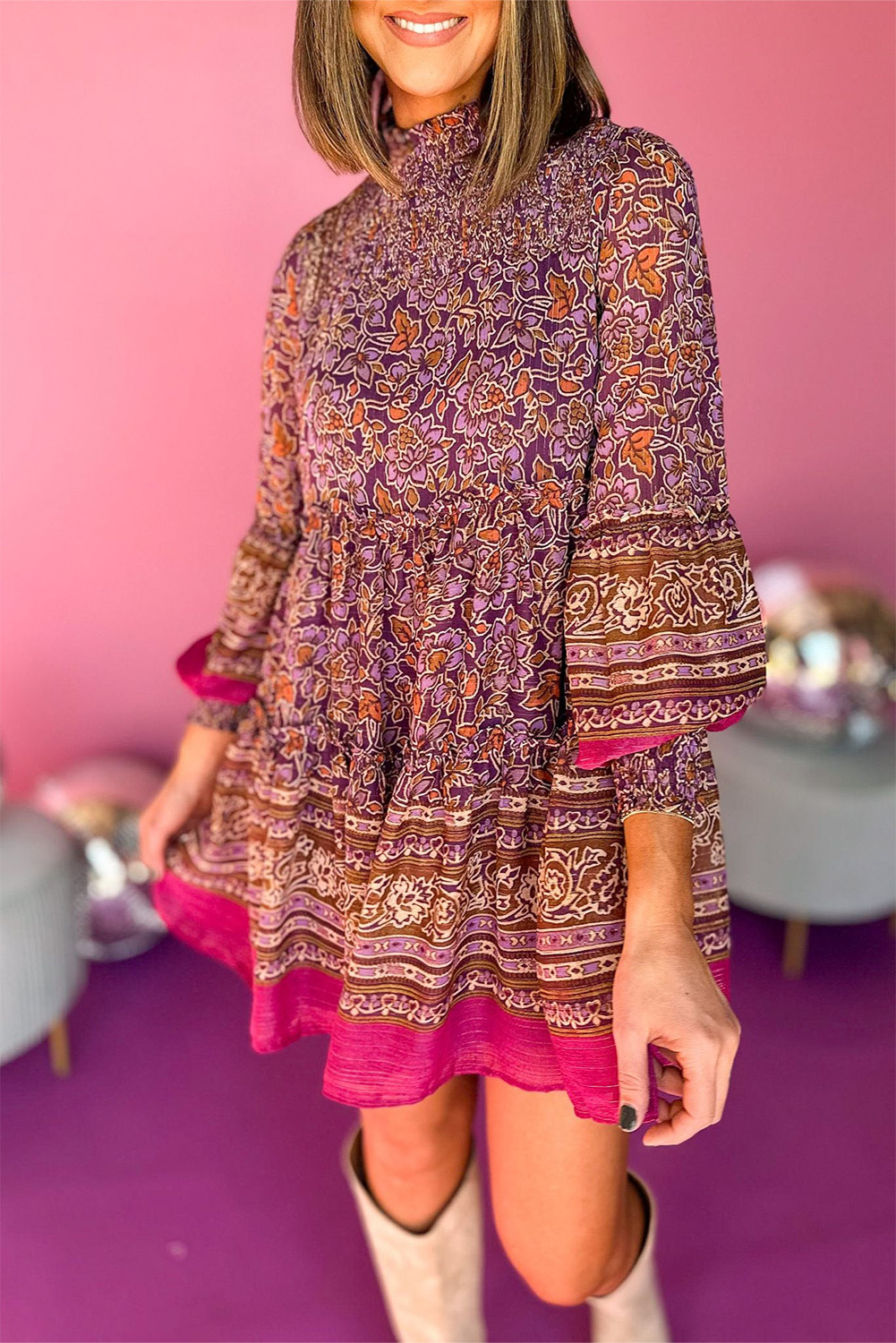 Shewin Wholesale Suppliers Purple Floral Print Smocked Puff Sleeve High Neck Mini DRESS