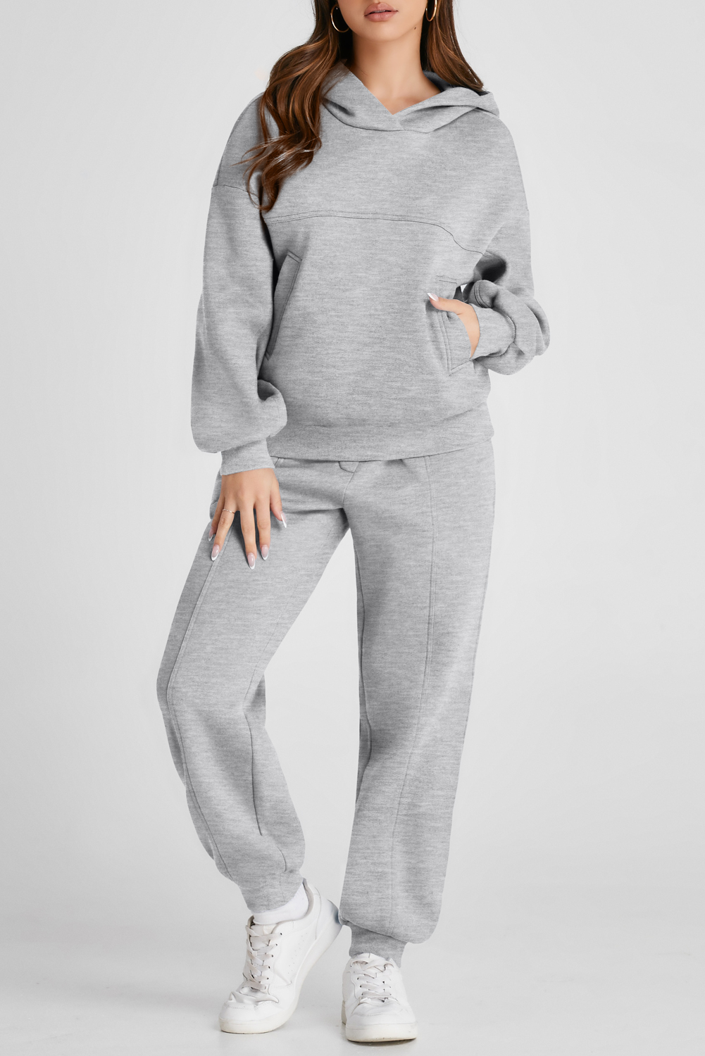 Shewin Wholesale Winter Gray Solid Exposed Seams Hoodie and Jogger Set