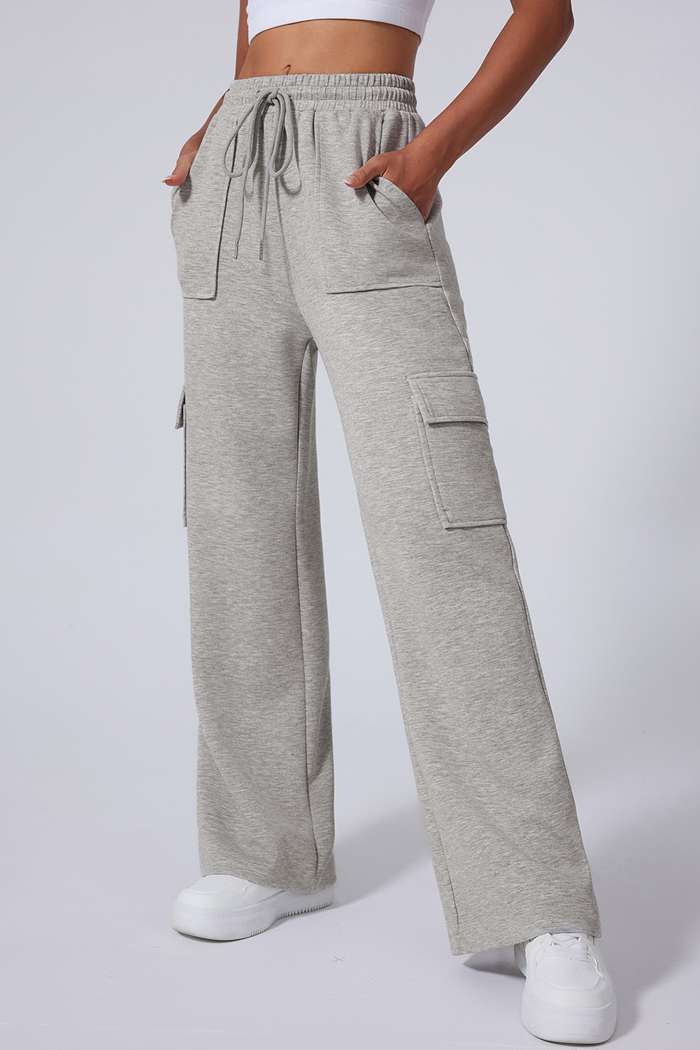 Light Grey Multi Pockets Lace Up High Waist Wide Leg Workout PANTS