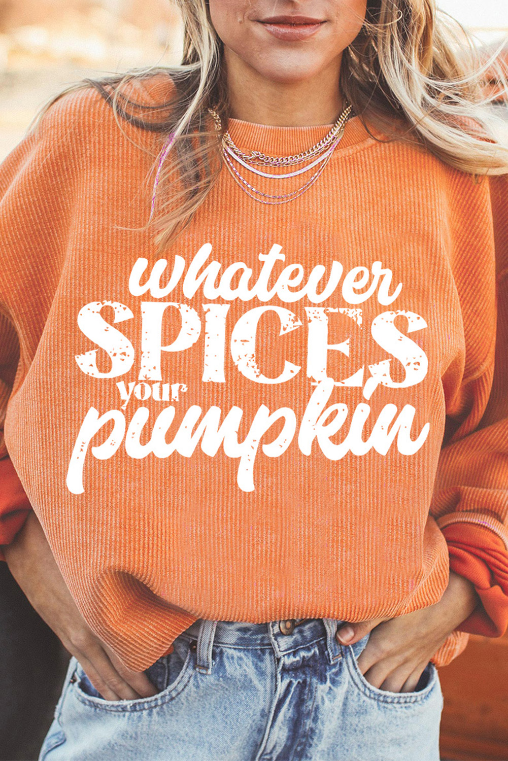 Shewin Wholesale Bulk Orange CRINKLE Rib Whatever Spices Your Pumpkin Graphic Sweatshirt