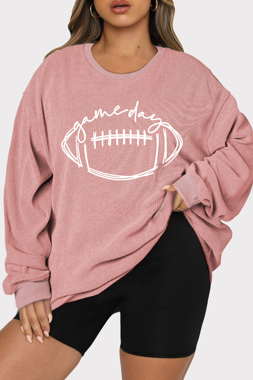 Shewin Wholesale High Quality Pink Textured GAME Day Rugby Graphic Plus Size Sweatshirt