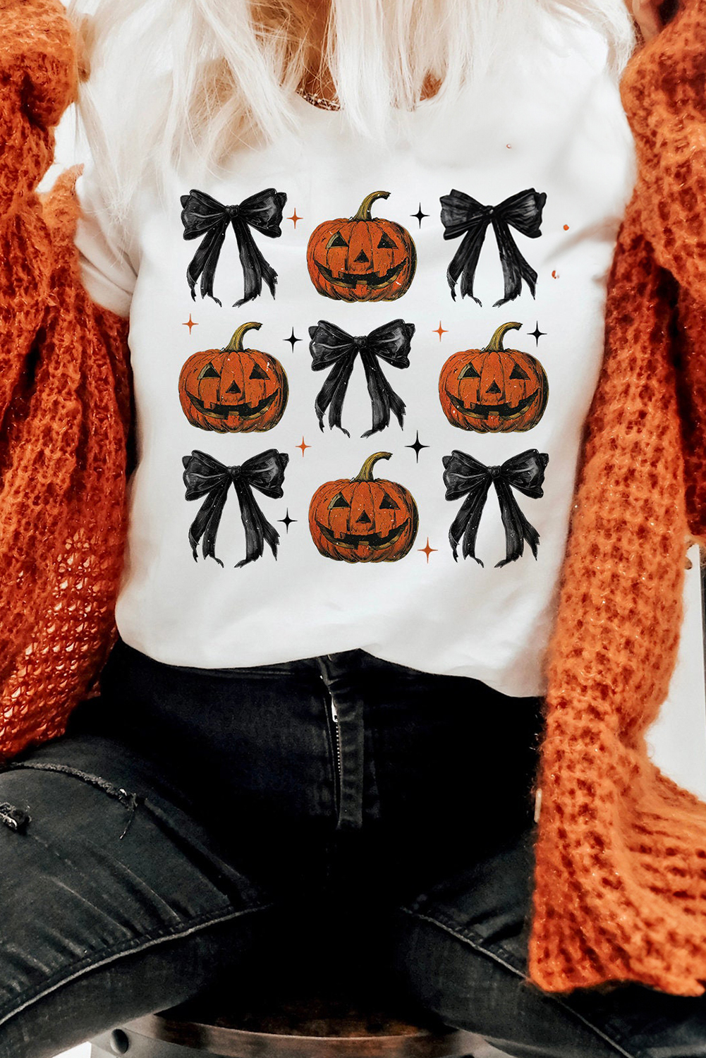 Shewin Wholesale Bulk White HALLOWEEN Pumpkin Face Bowknot Graphic T Shirt