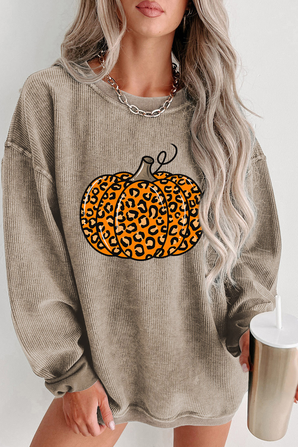 Shewin Wholesale High Quality Khaki HALLOWEEN Leopard Pumpkin Graphic Corded Sweatshirt