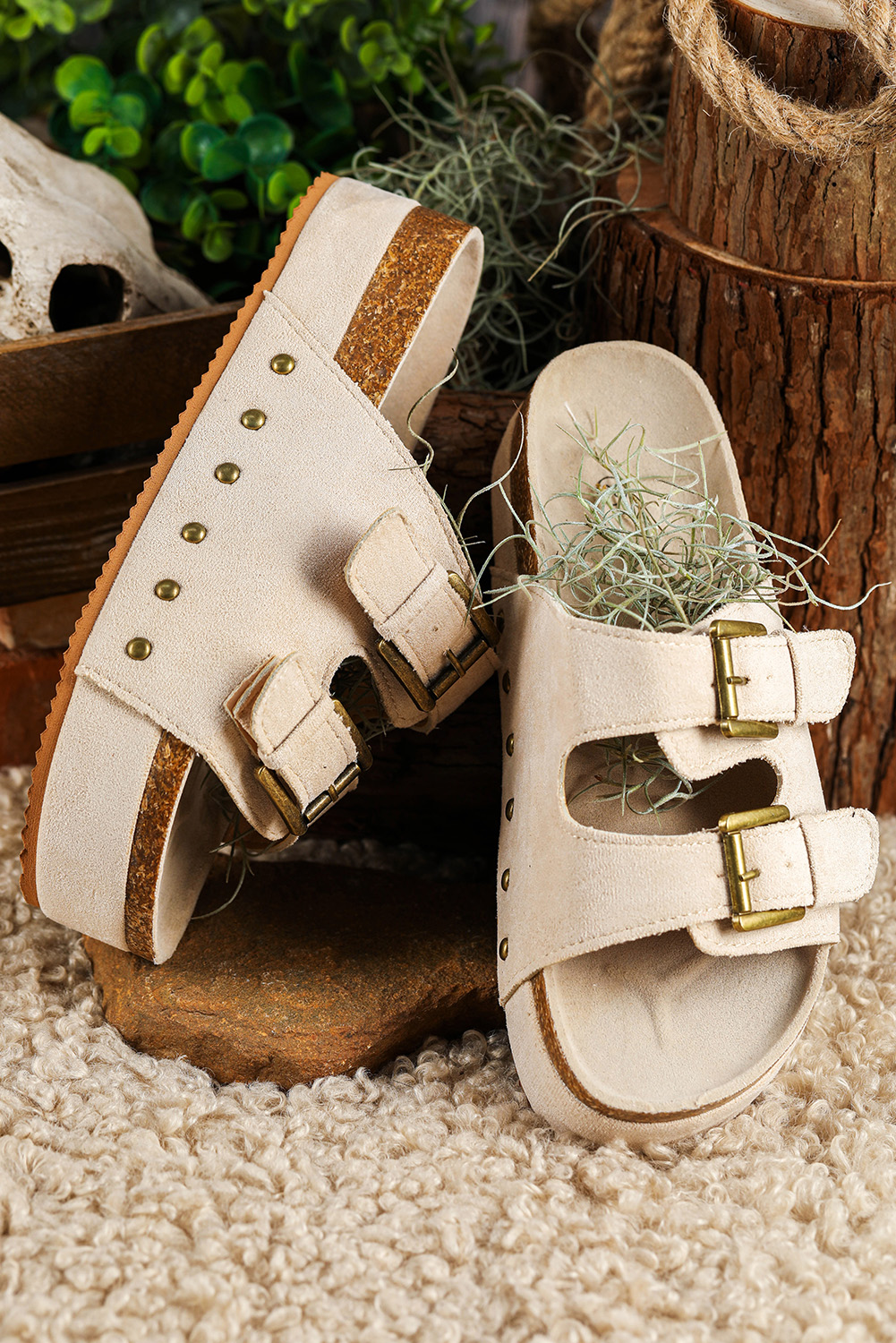 Shewin Wholesale Western Beige Suede Buckle Decor Corky Platform Slides Shoes