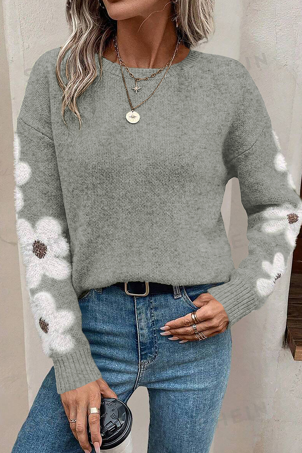 Shewin Wholesale High Quality Light Grey FLOWER Sleeve Drop Shoulder Sweater