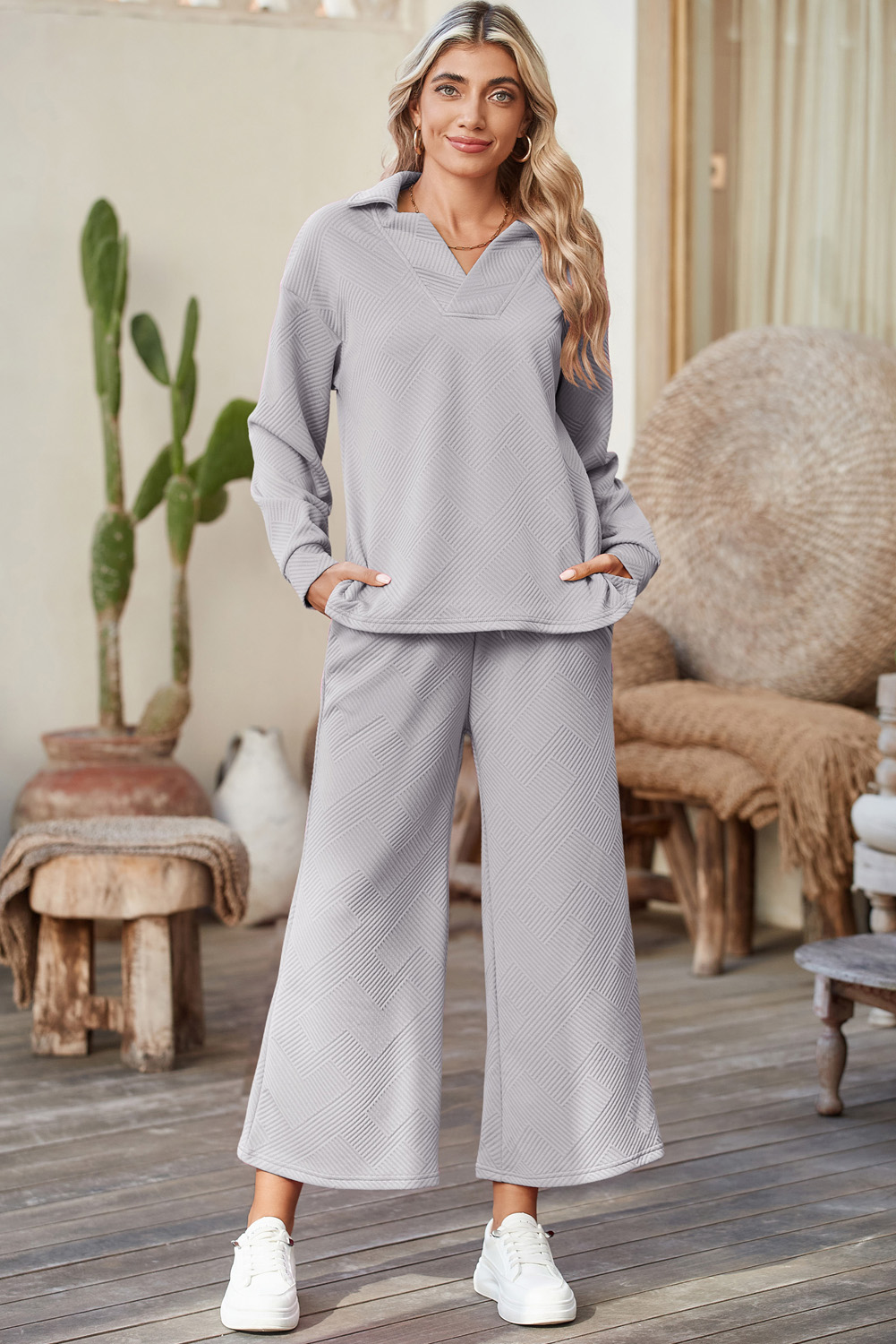 Shewin Wholesale High Quality Light Grey Solid Textured Collared V Neck Top and Wide Leg Pants Set