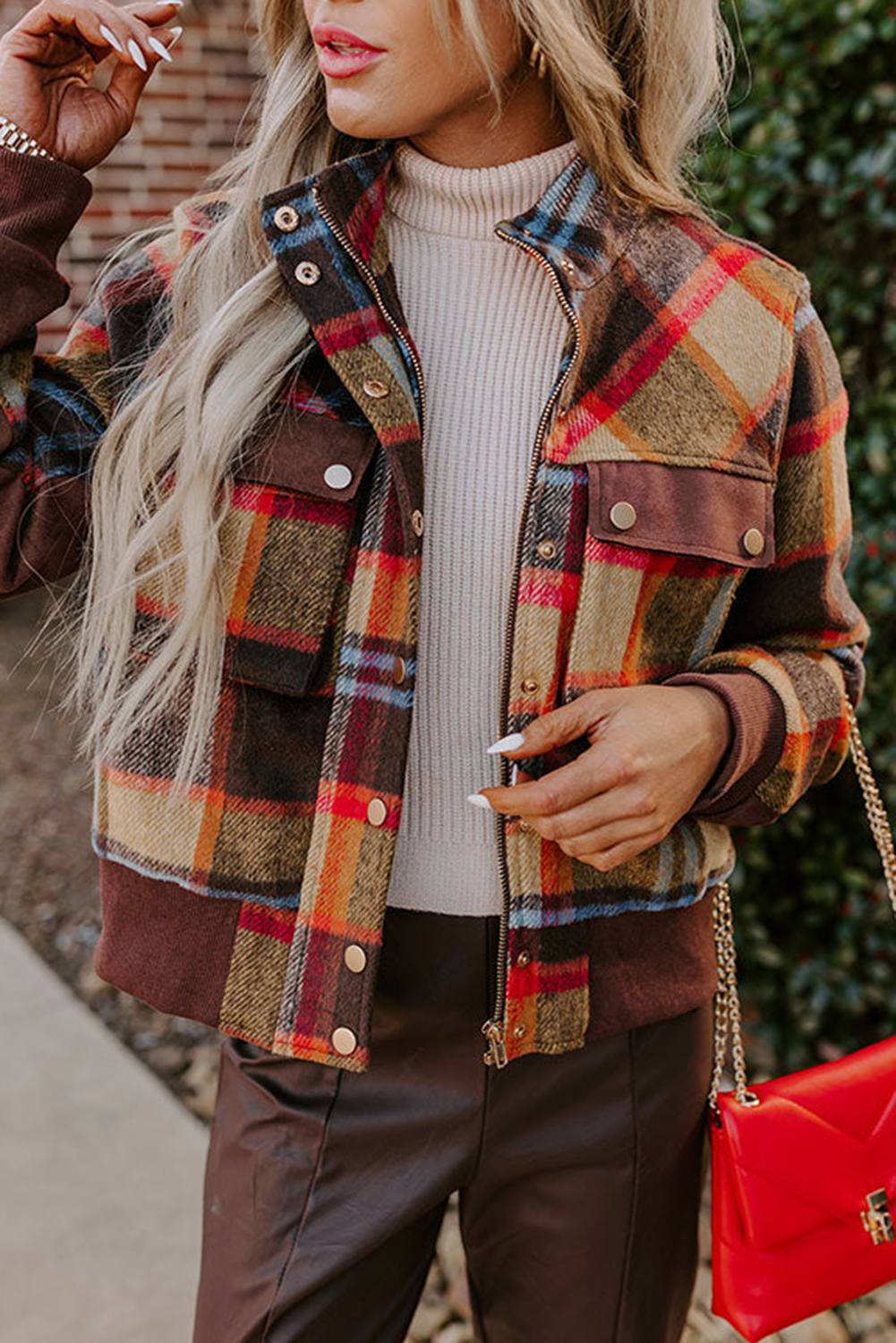 Brown Checkered Print Chest Pockets Button ZIPPER Stand Neck Jacket