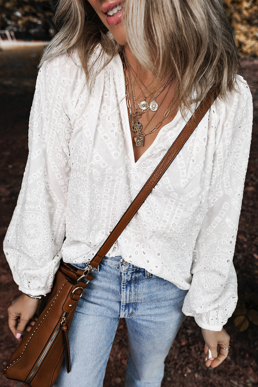 White EYELET Embroidered V Neck Puff Sleeve Blouse