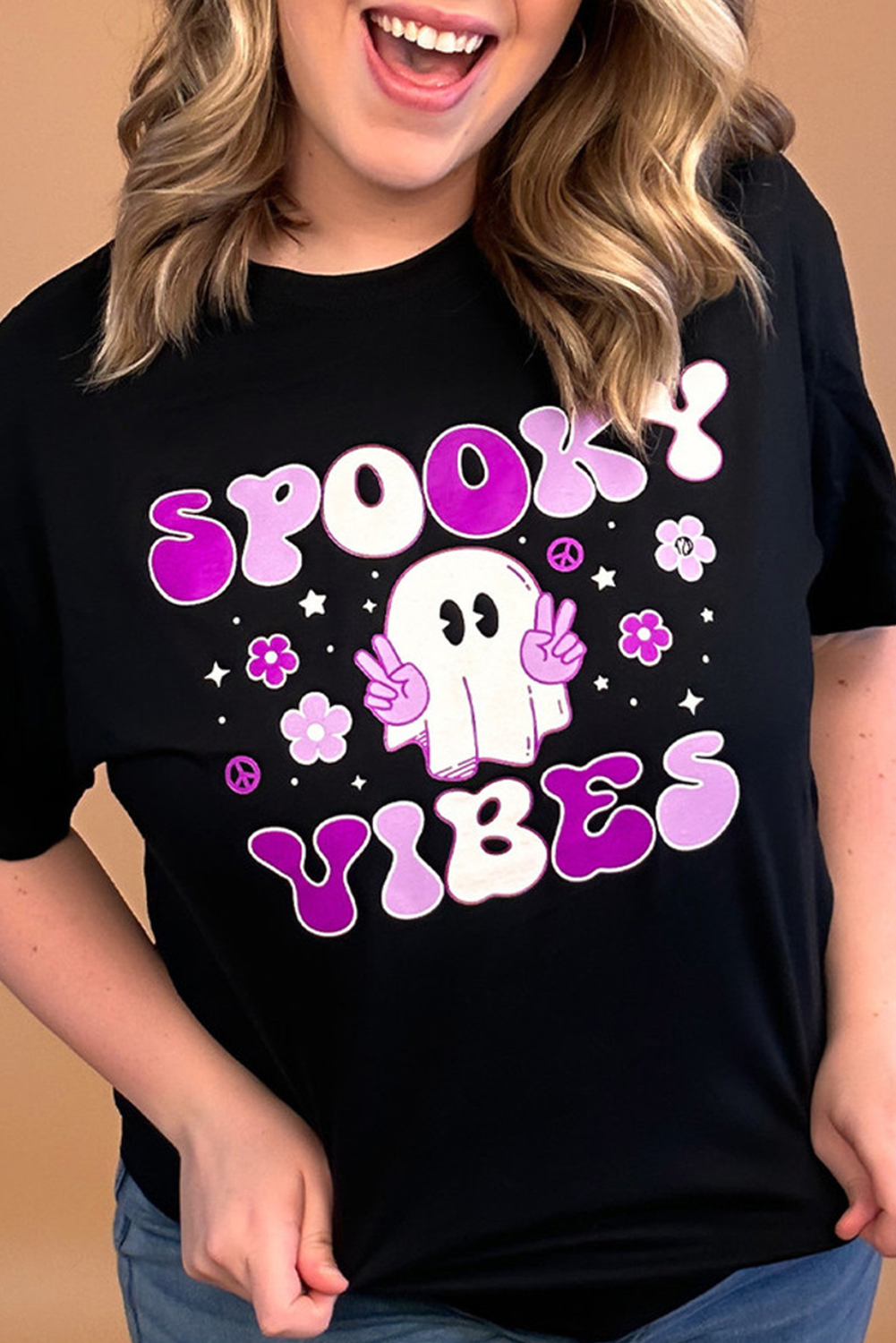 Shewin Wholesale Cheap Black SPOOKY VIBES Ghost FLOWER Graphic Crew Neck T Shirt