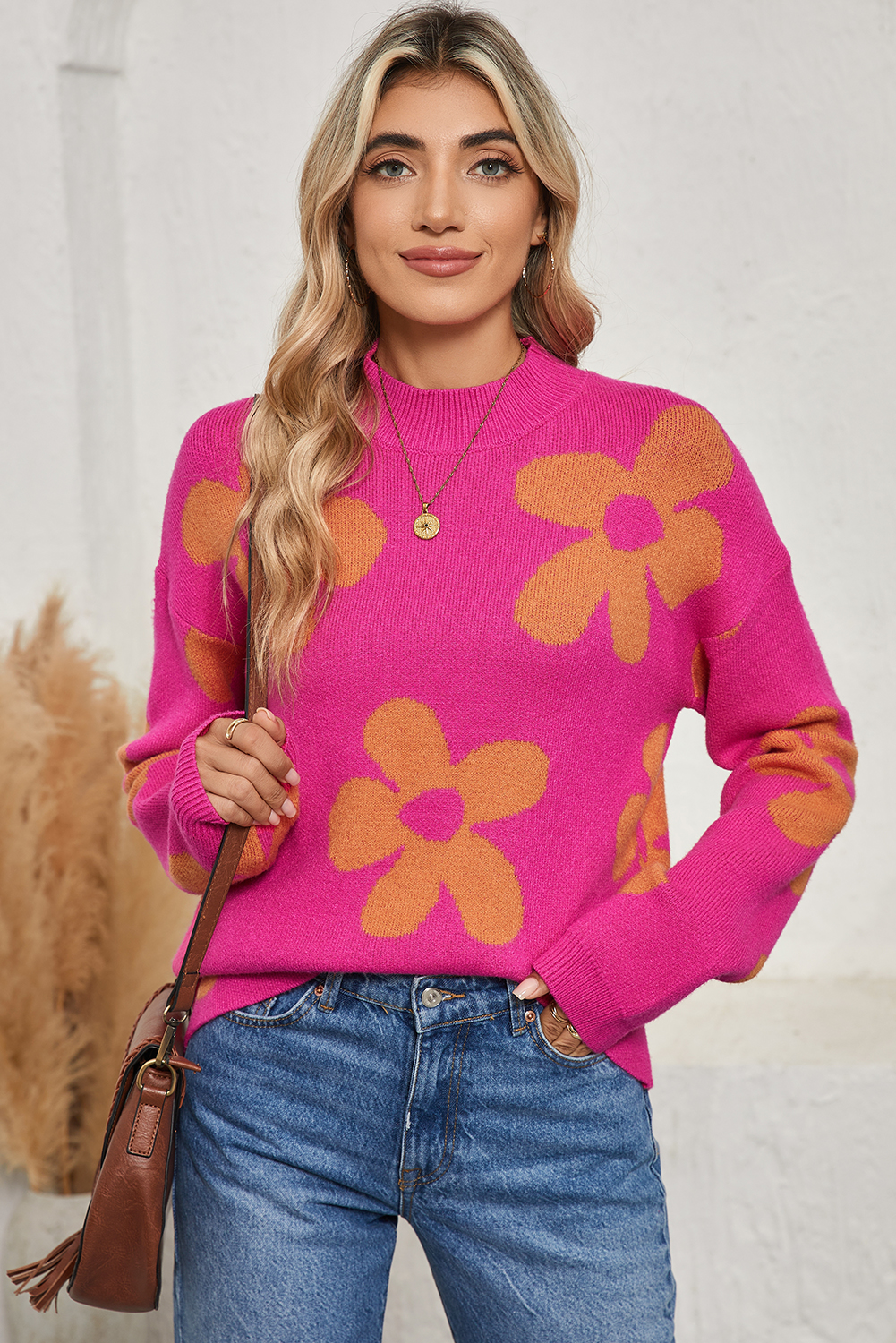 Rose 60s VINTAGE Flower Pattern Long Sleeve Sweater