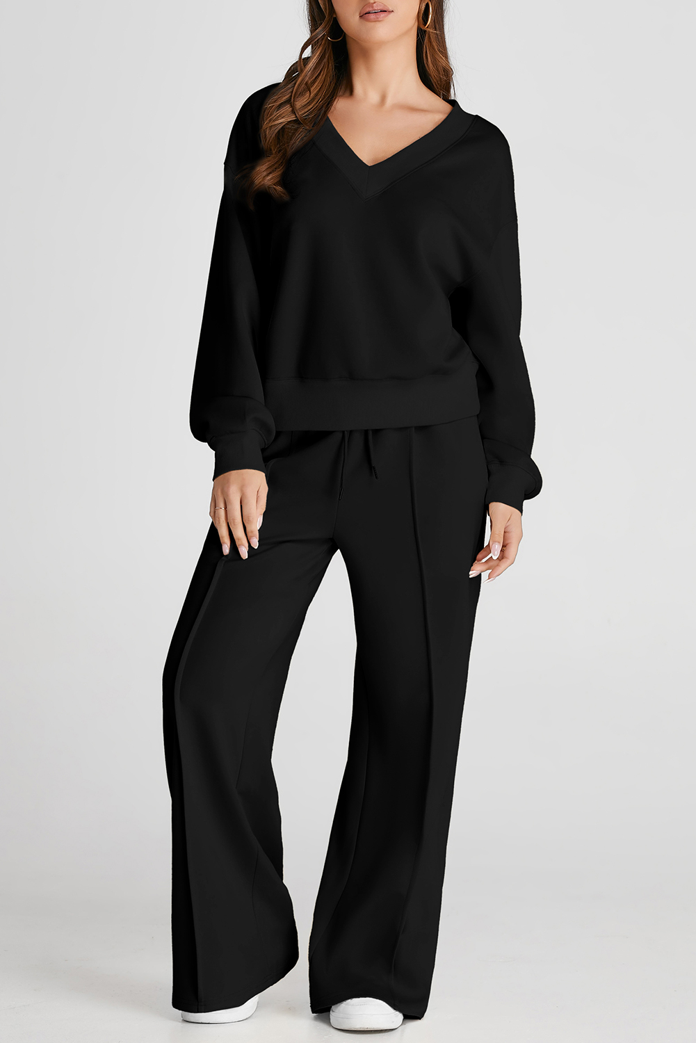 Shewin Wholesale Distributor Black V Neck Cropped Sweatshirt & Seamed High Waist Pants Set