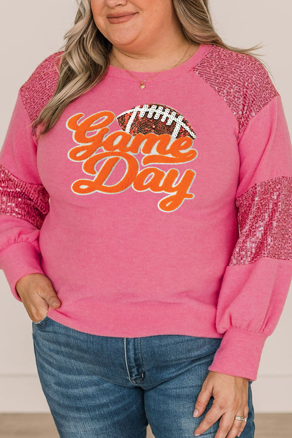 Shewin Wholesale Cheap Pink Chenille GAME Day Rugby Graphic Sequin Patchwork Sleeve Plus Top