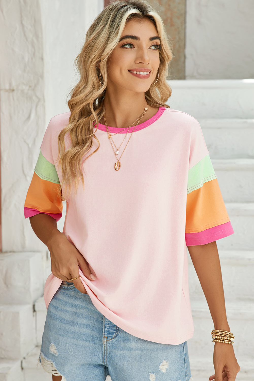 Shewin Dropshipping Pink Color Block Sleeve Round Neck Oversize Top