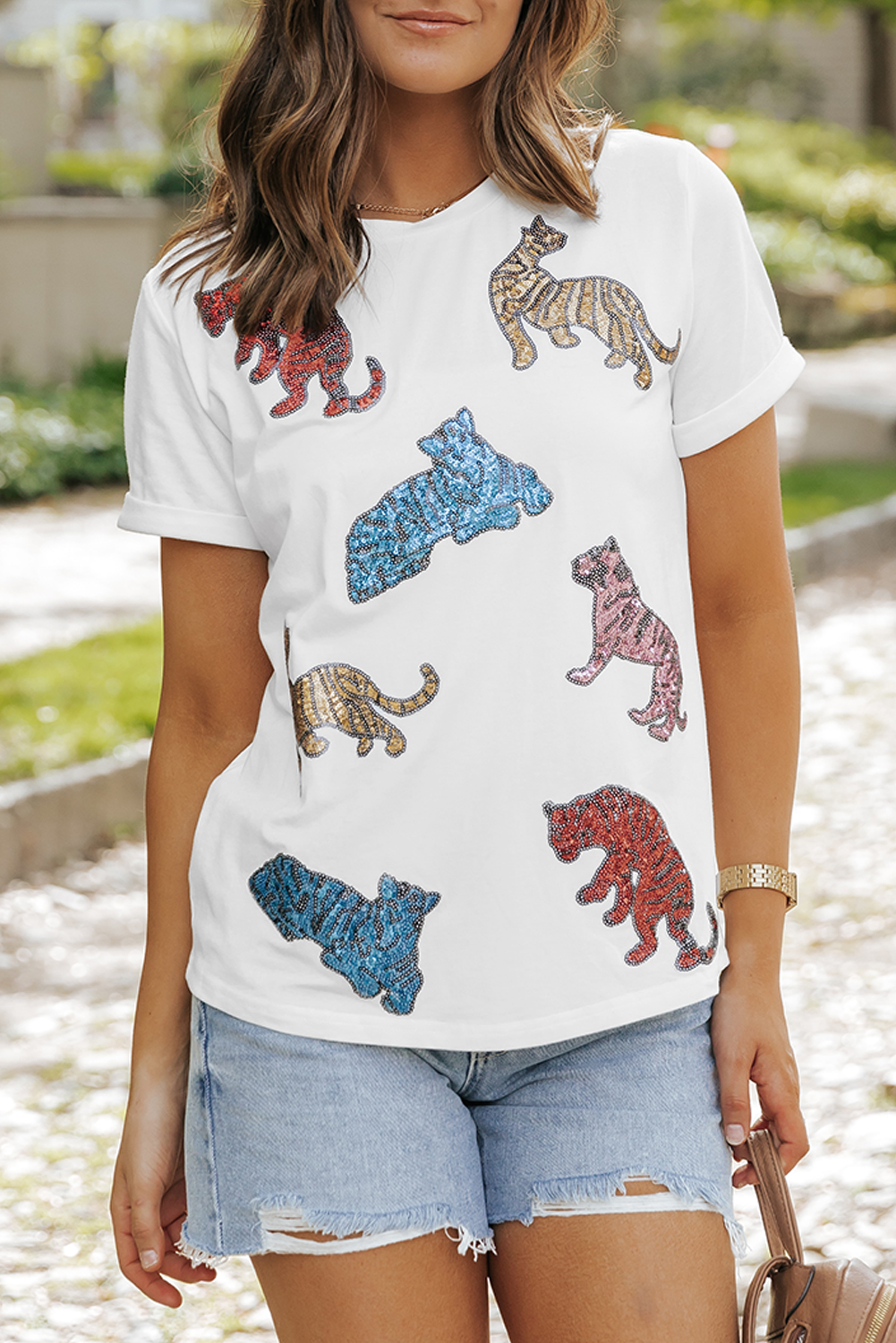White SEQUIN Tiger Patch Graphic Round Neck T Shirt
