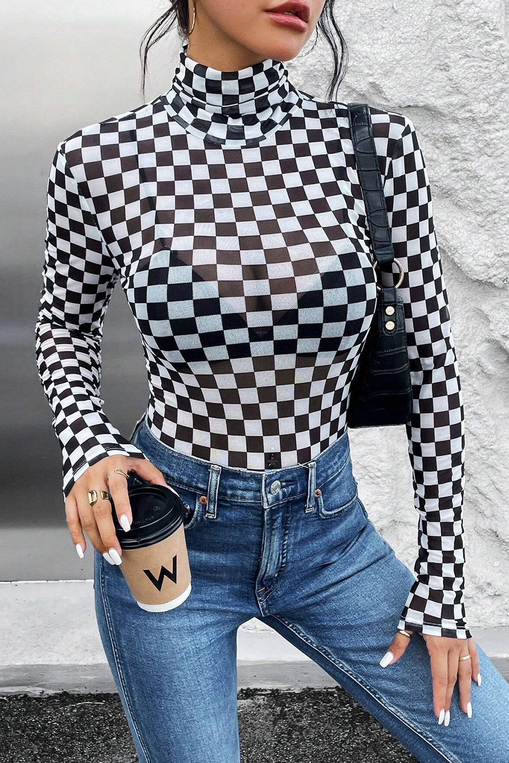 Shewin Wholesale CHIC Women Black Checkered Print Long Sleeve Mock Neck Bodysuit