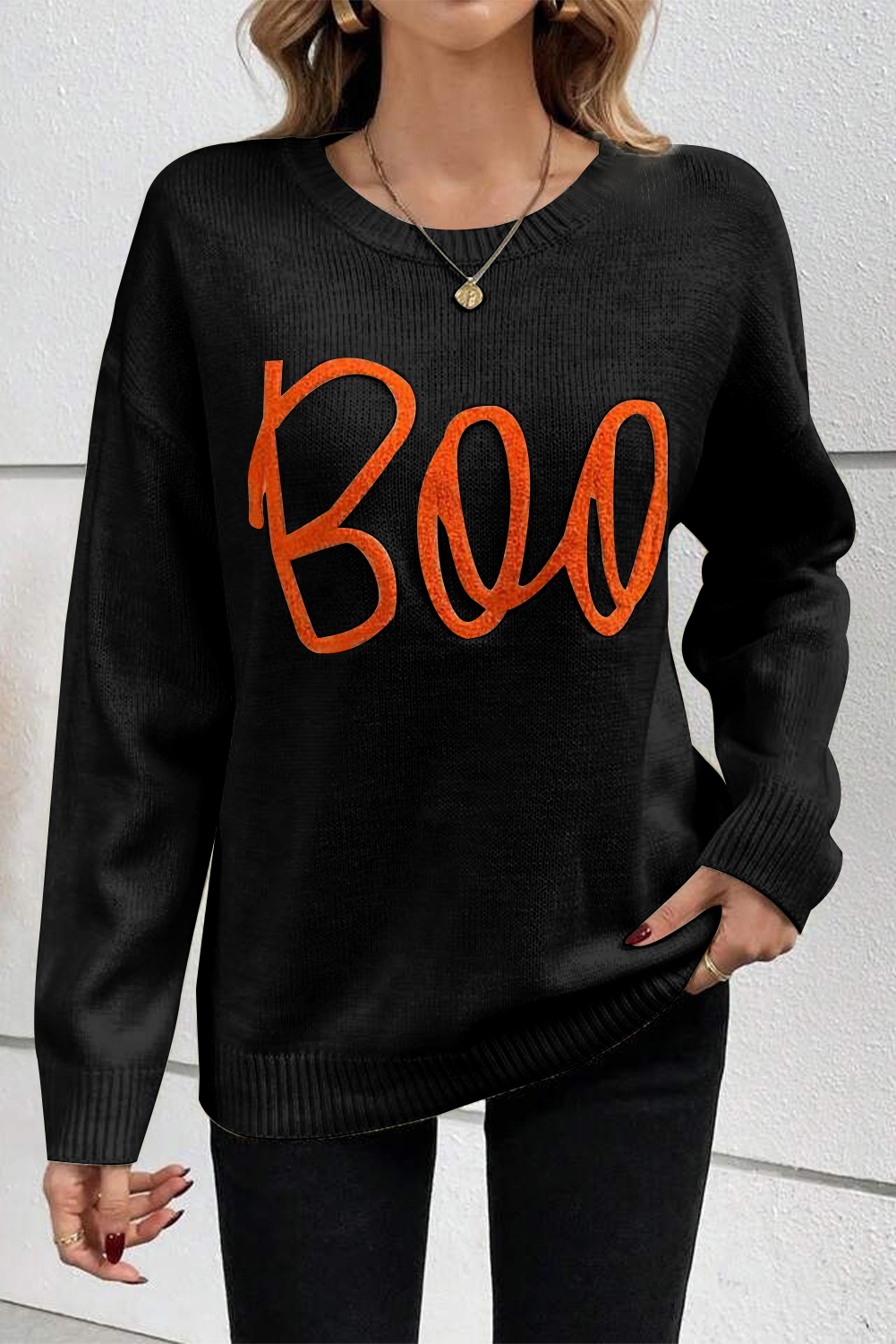 Shewin Wholesale Vendors Black HALLOWEEN Boo Drop Shoulder Knit Sweater